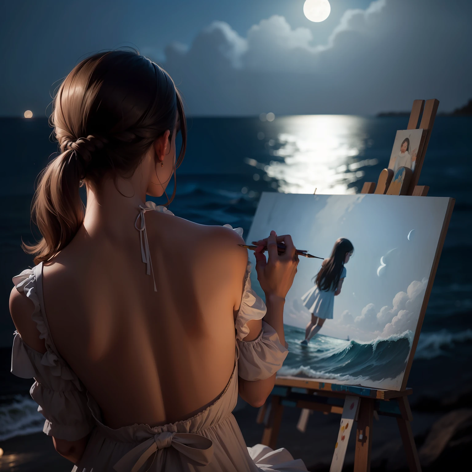 A woman paints a painting of a young girl with her back bare in front of the sea wearing a dress and the moon at night