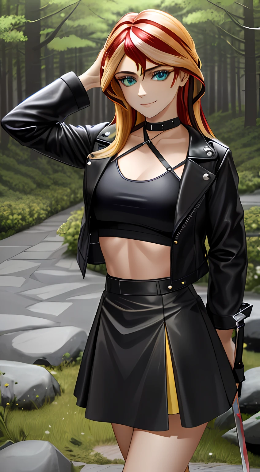 ((best quality)), ((highly detailed)), masterpiece, (detailed eyes, deep eyes), (1girl), cowboy shot, SunsetHuman, (multicolored hair, (two-tone hair:1.1), red and blonde hair), BREAK, aqua eyes, open cropped leather jacket, black jacket, collarbone, blue shirt, blue leggings under skirt, yellow skirt, nike sneakers, sword behind back, fire eyes, sadistic smirk, blood from mouth, night time in the park, lamp lights, fireflies, people in the background