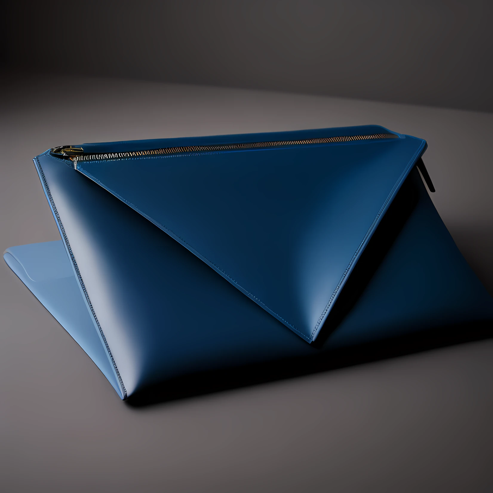 On the table was a blue-gray folder,The folder is placed on a black Visualizer,product closeups,Bottom view,solid color backdrop,Business style,Solid,close angle,Product photo,f / 2 0, Leather Pouch, Natural soft light,author:Emma Andievska, close-up product photo, Sacoche, full product shot, Fluid bags,Natural soft light
