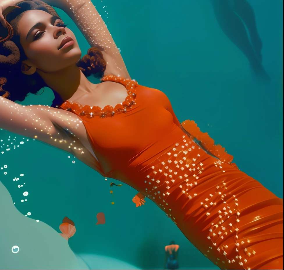 Afrofuturism, uma mulher negra em um vestido vermelho flutuando em uma piscina, wearing a dress made of water, Petra Collins, in water up to her shoulders, em uma piscina luxuosa, no oceano, closed swimsuit, in the water, coberto de coral, in water, Body in water, Banho turco de Imaan, cinematic still, Ryan McGinley, Slim Aarons, Nadar no oceano