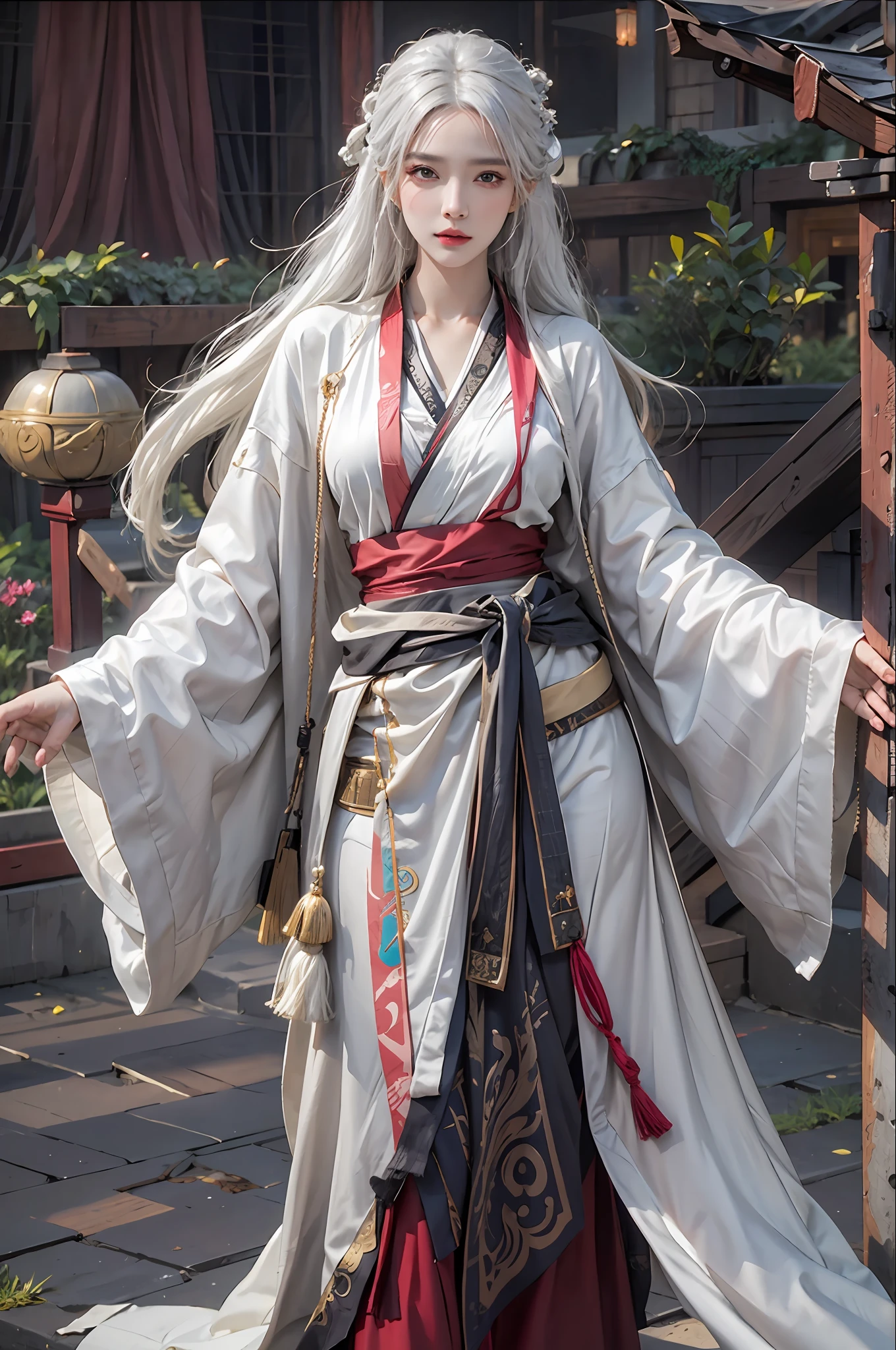 photorealistic, high resolution, 1women, solo, hips up, look at viewer, (detailed face), white hair, long hair, Taoist robe,oversized clothes, jewelry
