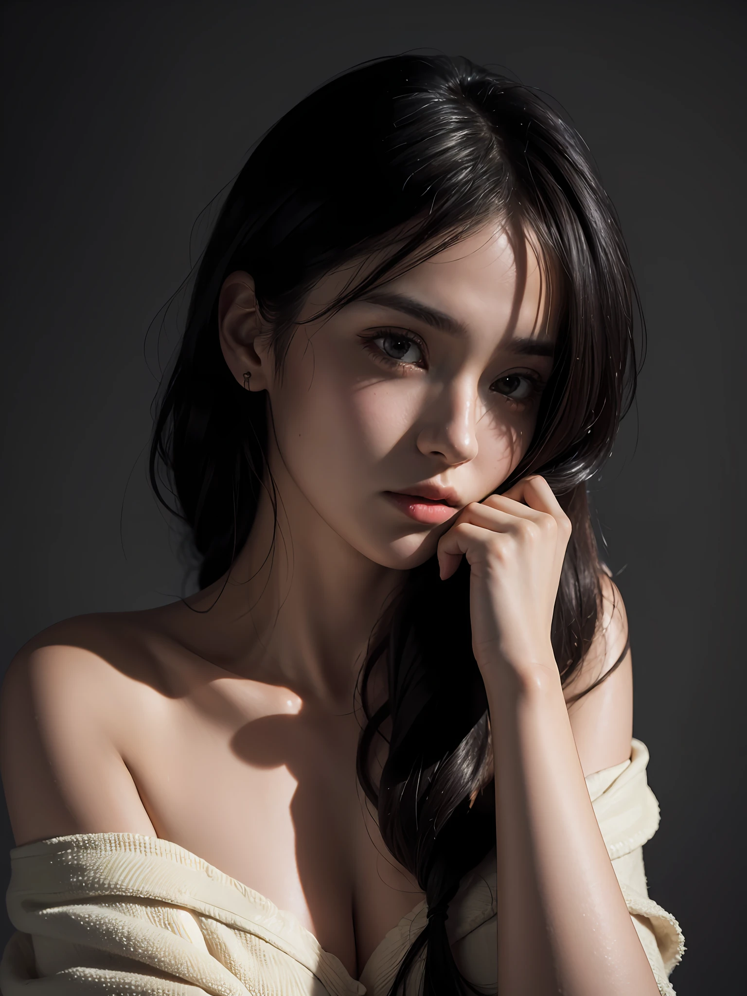 Best quality, masterpiece, ultra high res, (photorealistic:1.4), raw photo, 1girl, offshoulder, in the dark, deep shadow, low key, cold light
