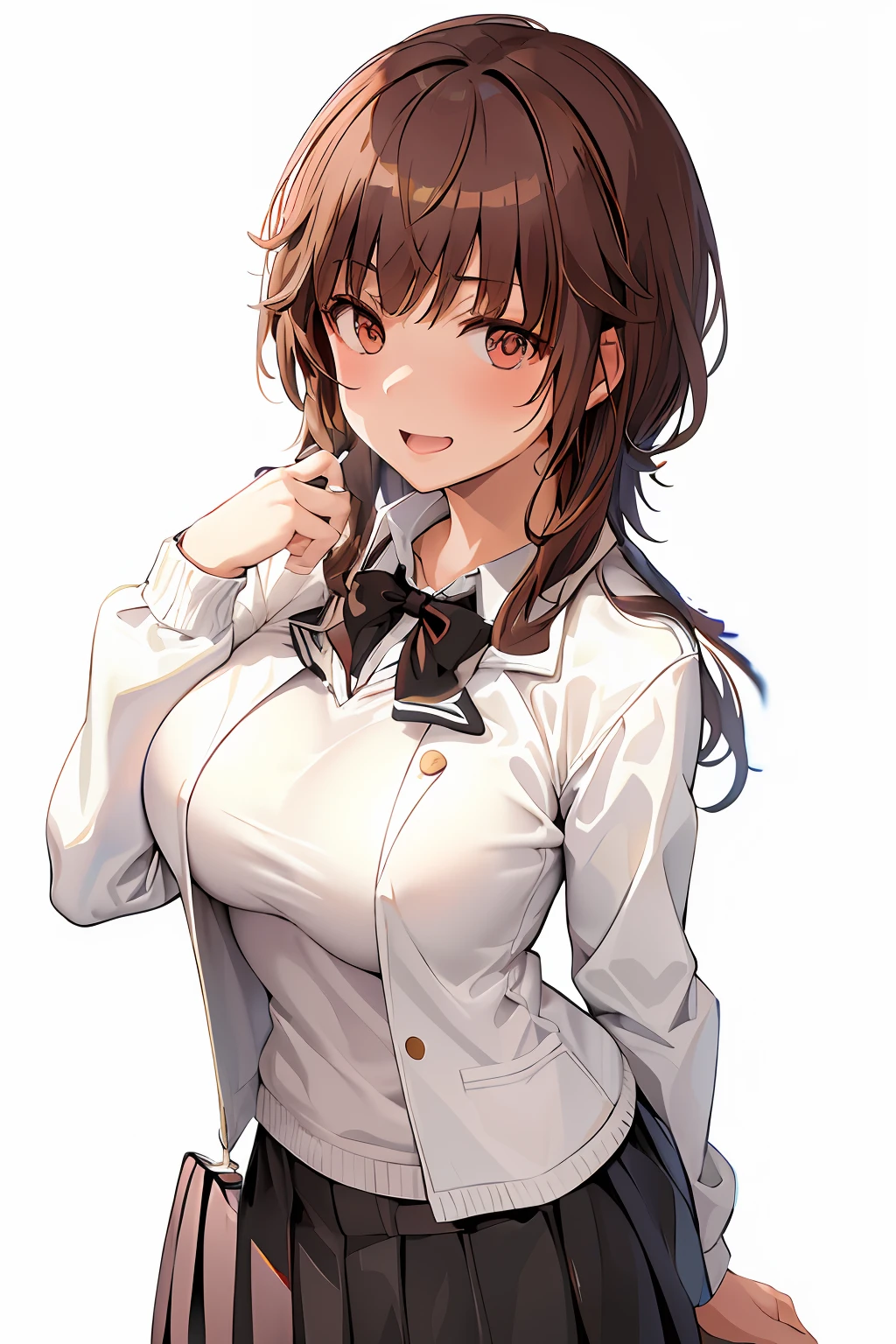 JKUniforms、Wearing a long-sleeved white jacket with an open front、Wearing a thin sweater under a jacket、Breasts are big