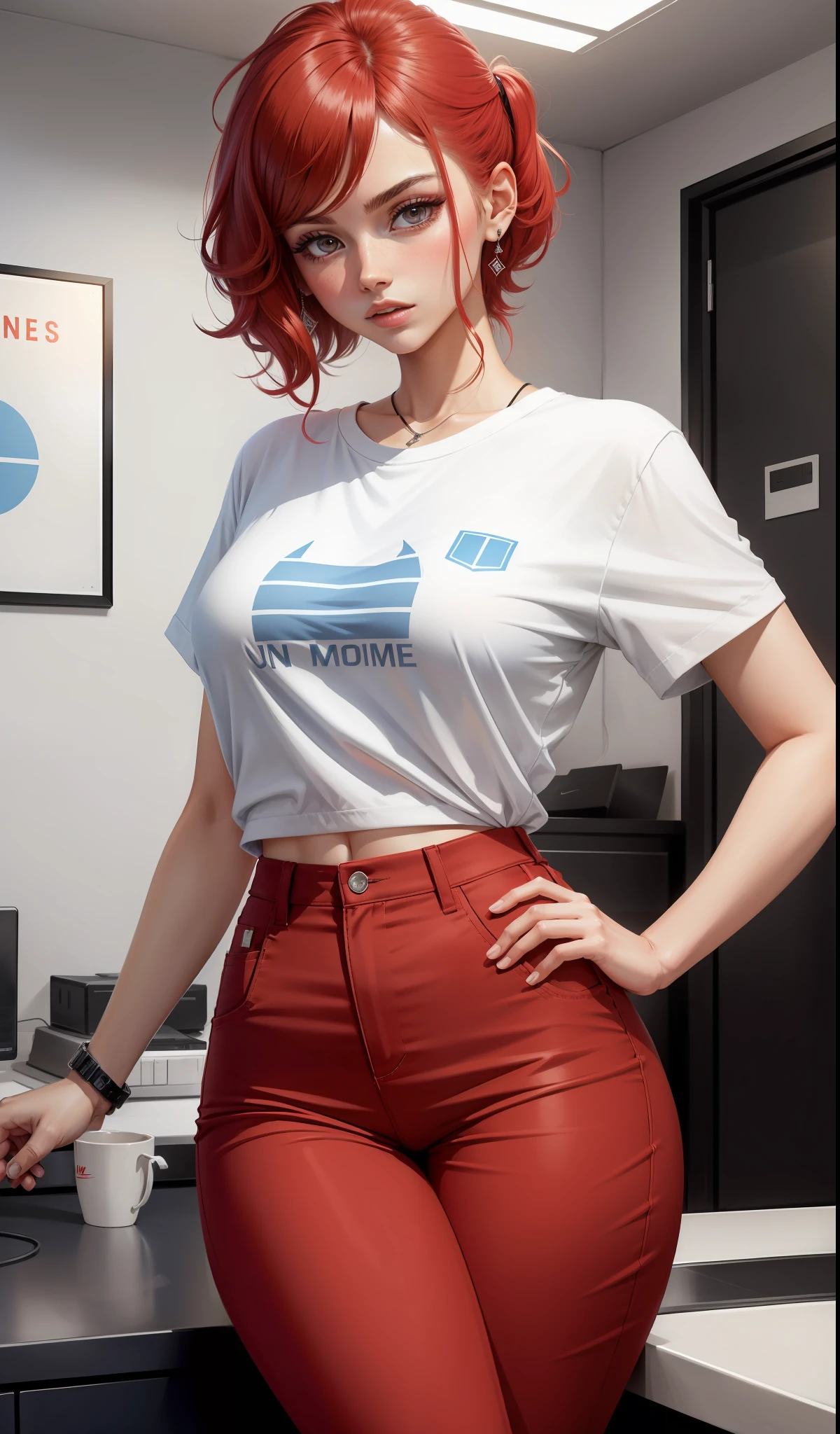 Bulma, a woman in a white shirt and red pants, is playing video games;, estilo simples, vestindo roupas casuais elegantes, azul suave, roupas simples, estilo leite e azul, estilo de roupa casual, roupa de moda moderna, vestindo uma pescadora, roupas modernas casuais, inspo , roupas vermelhas, red pants, tons neutros, esquema de cores rred e branco, Business casual clothing, cara assustadora, sneakers Nike, 22 anos, rosto adulto, cabelo comprido, ((cabelo Azul))