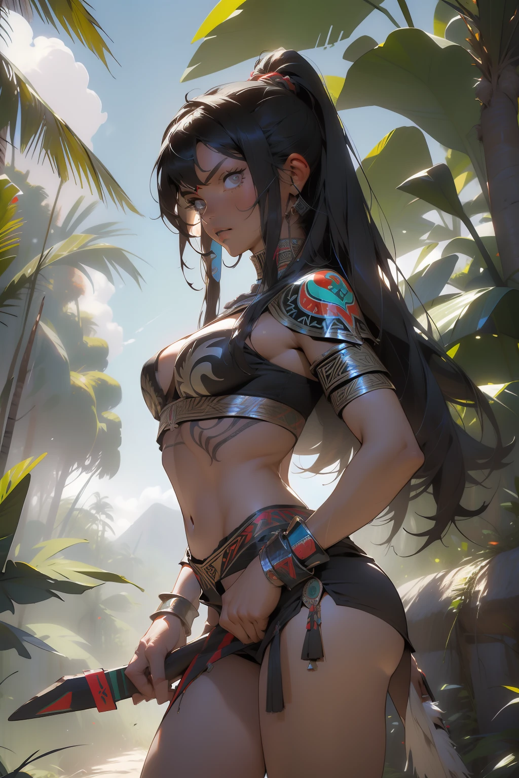 ((Simon Bisley)), Hermosa mujer con cuerpo, 30 years old, cuerpo musculoso y perfecto, (((Guerrero azteca)))), Pelo largo de color naranja oscuro con polillas y con poca ropa, Tanga diminuta, (((Metal oxidado bueno)))), Plumas de quetzal cubriendo su espalda, senos grandes, Escote generoso, ((sosteniendo un Macuahuitl de obsidiana)), Cara valiente, Reino Oscuro, pose sexy, Caminando en una jungla, piramides aztecas al fondo, prehispanico era