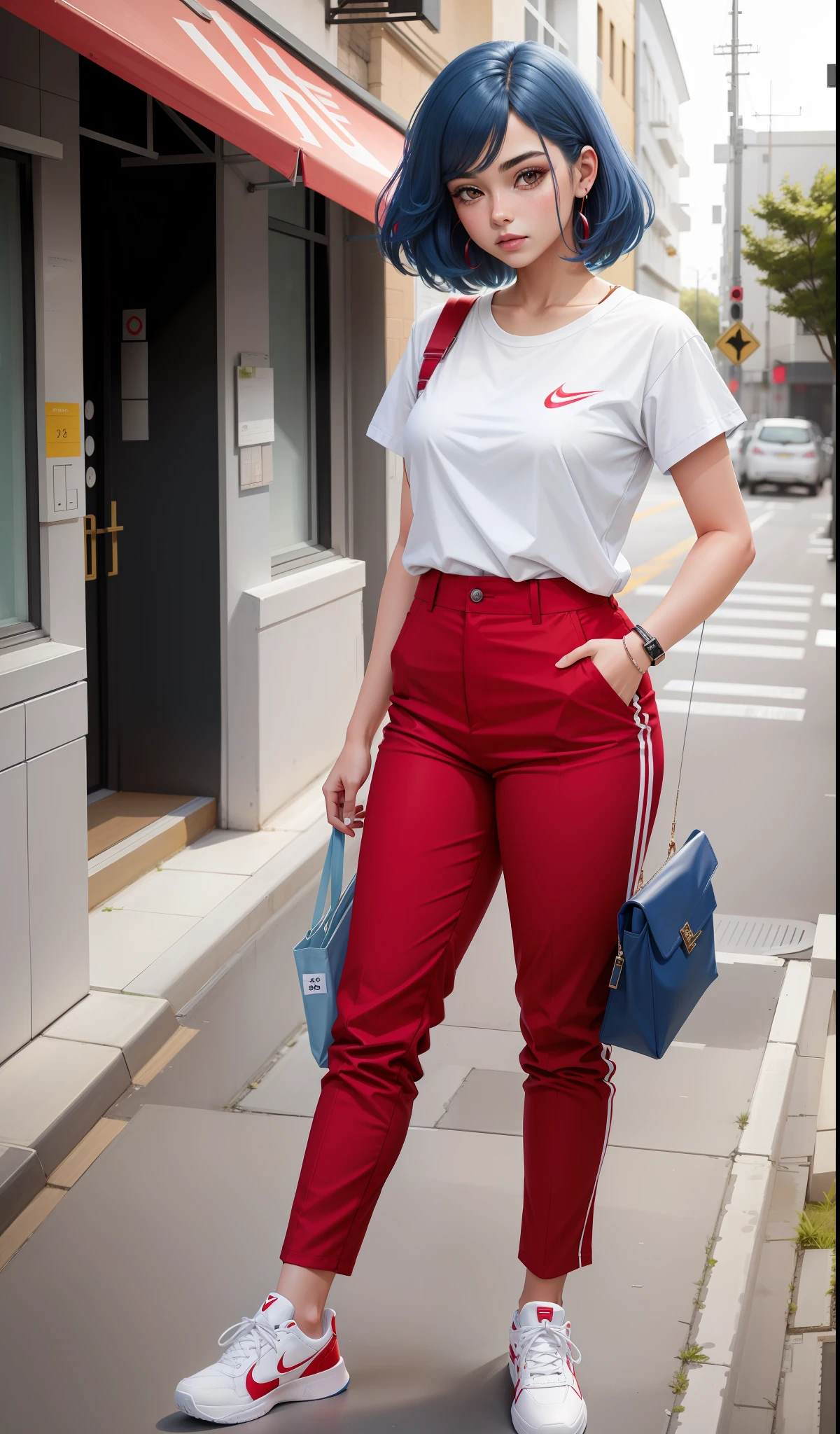 Bulma, a woman in a white shirt and red pants, is playing video games;, estilo simples, vestindo roupas casuais elegantes, azul suave, roupas simples, estilo leite e azul, estilo de roupa casual, roupa de moda moderna, vestindo uma pescadora, roupas modernas casuais, inspo , roupas vermelhas, red pants, tons neutros, esquema de cores rred e branco, Business casual clothing, cara assustadora, sneakers Nike, 22 anos, rosto adulto, cabelo comprido, ((cabelo Azul))