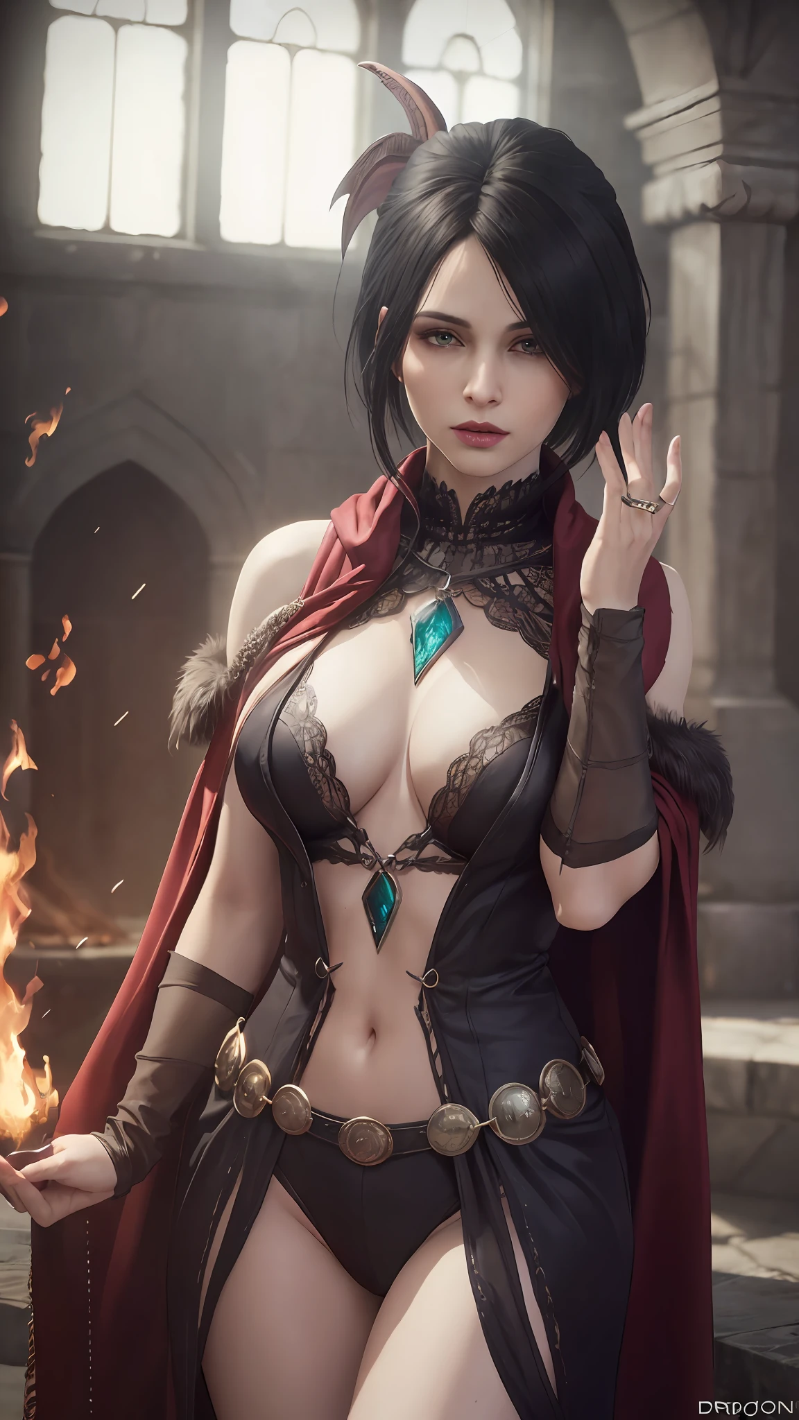 (Dark Fantasy:1.2), (Masterpiece, Epic Quality, Epic Realism, Ultra Resolution, 8K Photo Unity, Epic Detail: 1.1), witch fur robe, (((morrigan from dragon age))), shawl, dark hair, (((waiving a fire spell))), (Intricate Details, Dynamic Angle, Rim Lighting, Soft Lighting, (Professional Photography, Photorealism, Hyperrealism), Ray Tracing, HDR, beautiful hands, shiny skin, no wing