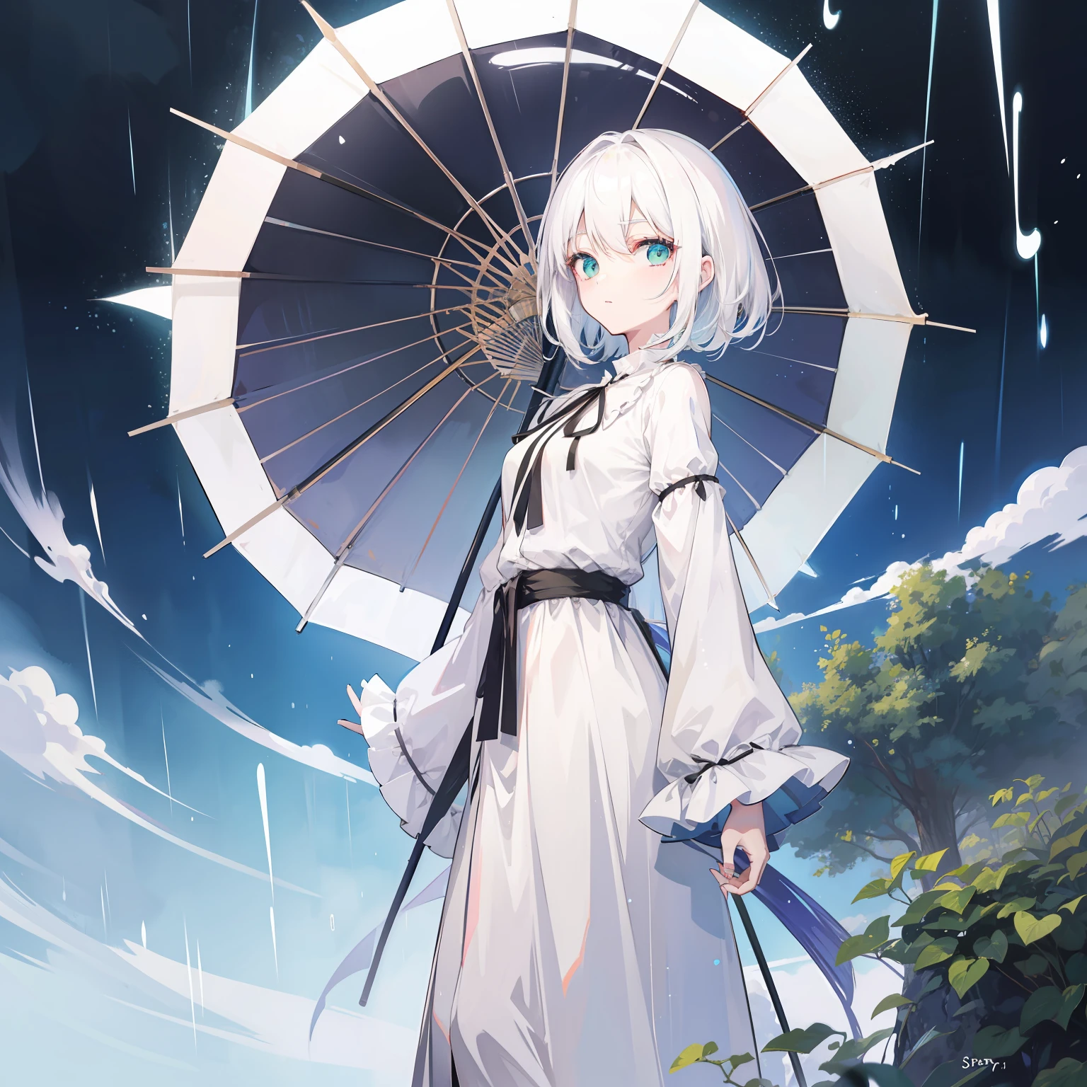 Anime girl with white hair and black umbrella standing in front of a tree, white-haired god, ethereal anime, Anime Pictures, Beautiful anime style, from touhou, Beautiful anime, nightcore, anime beautiful peace scene, Girl with white hair, Perfect white haired girl, white haired Cangcang, beautiful fantasy anime, anime wallaper, hd anime wallaper, white haired lady,Small breasts,In the rain,Green eyes