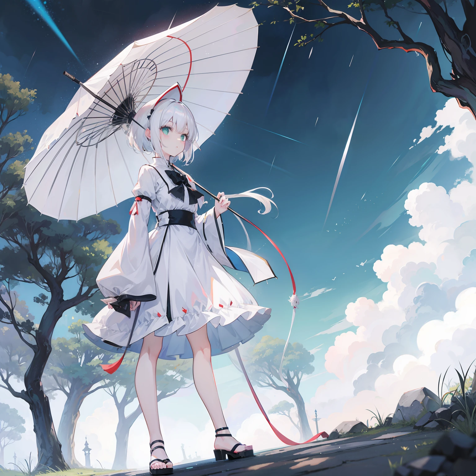 Anime girl with white hair and black umbrella standing in front of a tree, white-haired god, ethereal anime, Anime Pictures, Beautiful anime style, from touhou, Beautiful anime, nightcore, anime beautiful peace scene, Girl with white hair, Perfect white haired girl, white haired Cangcang, beautiful fantasy anime, anime wallaper, hd anime wallaper, white haired lady,Small breasts,In the rain,Green eyes
