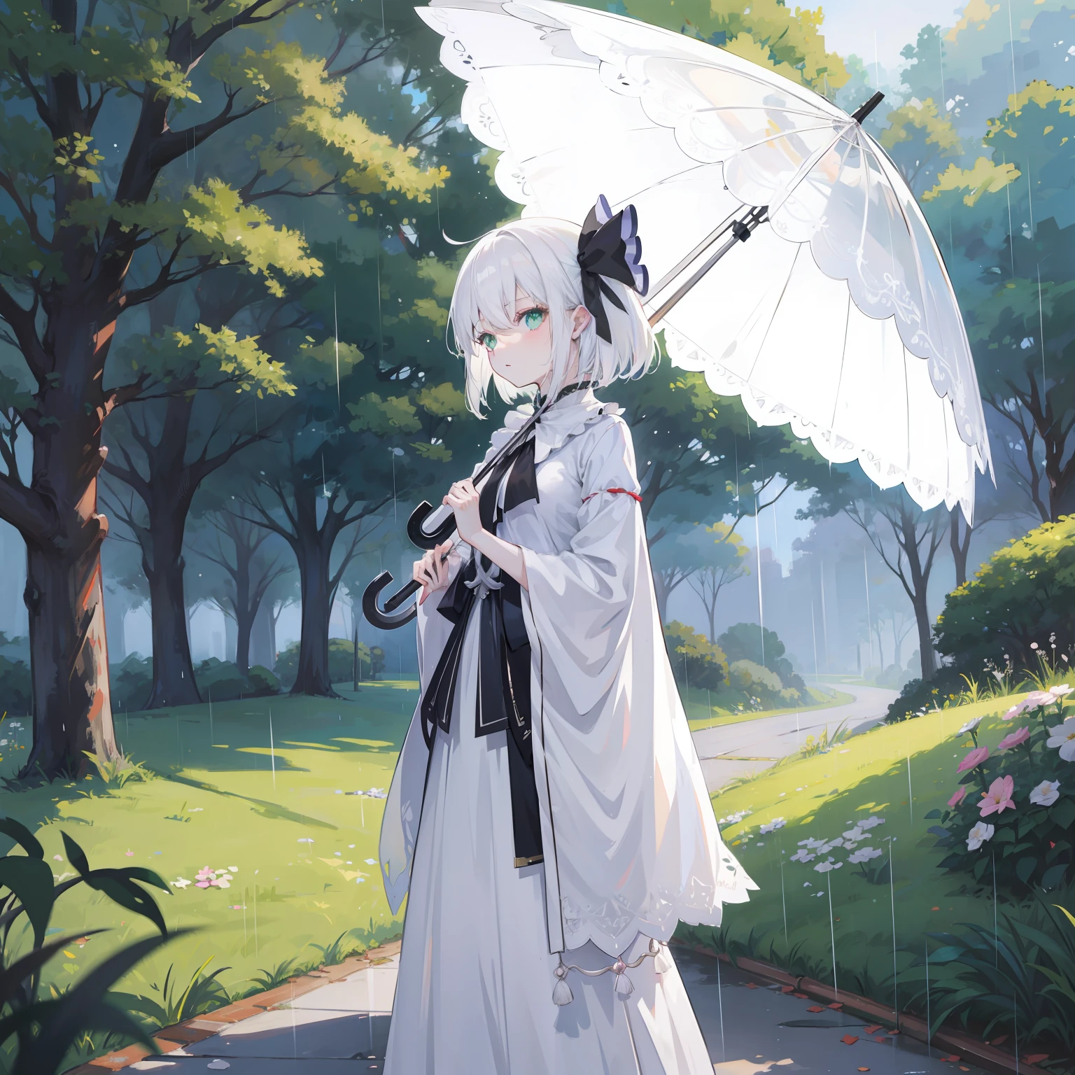 Anime girl with white hair and black umbrella standing in front of a tree, white-haired god, ethereal anime, Anime Pictures, Beautiful anime style, from touhou, Beautiful anime, nightcore, anime beautiful peace scene, Girl with white hair, Perfect white haired girl, white haired Cangcang, beautiful fantasy anime, anime wallaper, hd anime wallaper, white haired lady,Small breasts,In the rain,Green eyes