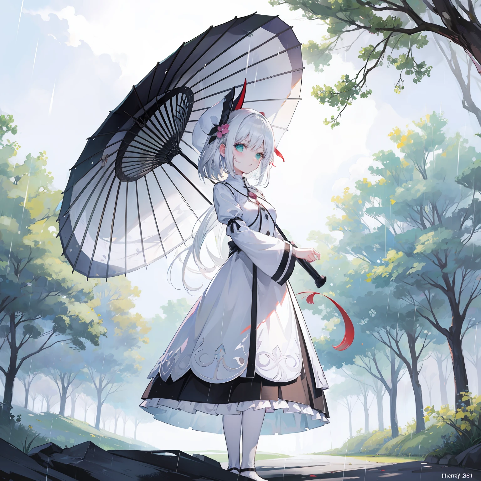 Anime girl with white hair and black umbrella standing in front of a tree, white-haired god, ethereal anime, Anime Pictures, Beautiful anime style, from touhou, Beautiful anime, nightcore, anime beautiful peace scene, Girl with white hair, Perfect white haired girl, white haired Cangcang, beautiful fantasy anime, anime wallaper, hd anime wallaper, white haired lady,Small breasts,In the rain,Green eyes