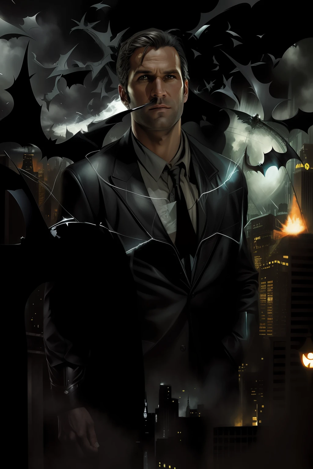 Batman, o Cavaleiro das Trevas de Gotham por pessoa, Person, Person, Person, Person, Person, Person, Person, Person, terno escuro, Lucifer's, desenhado em um estilo neo - noir, inspirado em Constantine Andreou, Jason Statham como Batman, Neo Estilo Preto, Gotham City Double Exhibition, Estilo de Raymond Swanland, estilo de arte escuro, Constantino, Gotham