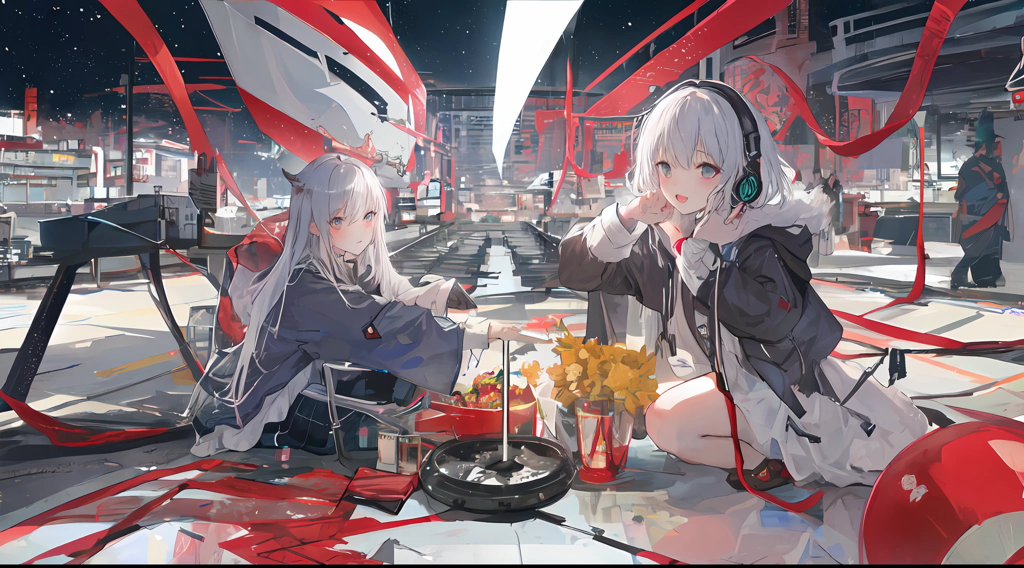 duck sitting，Laughing，ssmile，Half cover your face，Ark of tomorrow style，finely quality eyes，good eyes looking，Heterochromic pupils，solo person，Ark of Tomorrow，one-girl，Black off-the-shoulder sweater, backless outfit,Starry sky,clusters of stars,Ray tracing,{Best quality}, {{Masterpiece}}, {A high resolution}, Original, Extremely detailed 8k wallpapers, {An extremely delicate and beautiful},,incredibly_absurderes,Colorful,intricately details,art book,,incredibly_absurderes,Ray tracing,Perspective,Wide shot,Overall view,,A high resolution,Game CG,short_Hair,cat_hor ears,White_Hair/White_Eyes,Detail fingers,Hands in hair,pigeon-toed,Pout,Blush,Eyes visible through hair,off-shoulder sweater,White_wind coat,Superskirt,White pantyhose,White cat ears，（((long  white hair)))，White tail，reaching out her hands，W cut sitting position，(((a black trench coat)))，(White water scarf)，White pupils，Black hairpin，Post-industrial buildings，4K，Master picture quality，Texture，Ark of tomorrow style，On the ground lay the West Sword，eventide，Blood-red sunlight，Black backpack，((((Short black skirt))))，black sneaker shoes，full bodyesbian，long and flowing hair，Smiling，Squint，The ultimate in facial depiction，The ultimate body depiction，The ultimate hair depiction ，There are lanterns on the ground，is shy，in a panoramic view，The ultimate scenario description，Pout,Beautiful_face,Beautiful detailed eyes,One eye is red，One eye closed ,Earphone,Beautiful detailed sky,reflective light,Ray tracing，Sunlight,(Maid dress),Sailor dress,Sleeves,beautiful detailed  water,Beautiful detailed sky,god light,depth of fields,Normal body，Normal posture，Front view，Absolutely good light and shadow，Detailed sky，baiyun，the sunset，(((城市，starlights，rios，darkly))).{Best quality}, {{Masterpiece}}, {A high resolution}, Original, Extremely detailed 8k wallpapers,  {An extremely delicate and beautiful},,Ray ,{Best quality}, {{Masterpiece}}, {A high resolution}, Original, Extremely detailed 8k wallpapers, {An extremely delicate