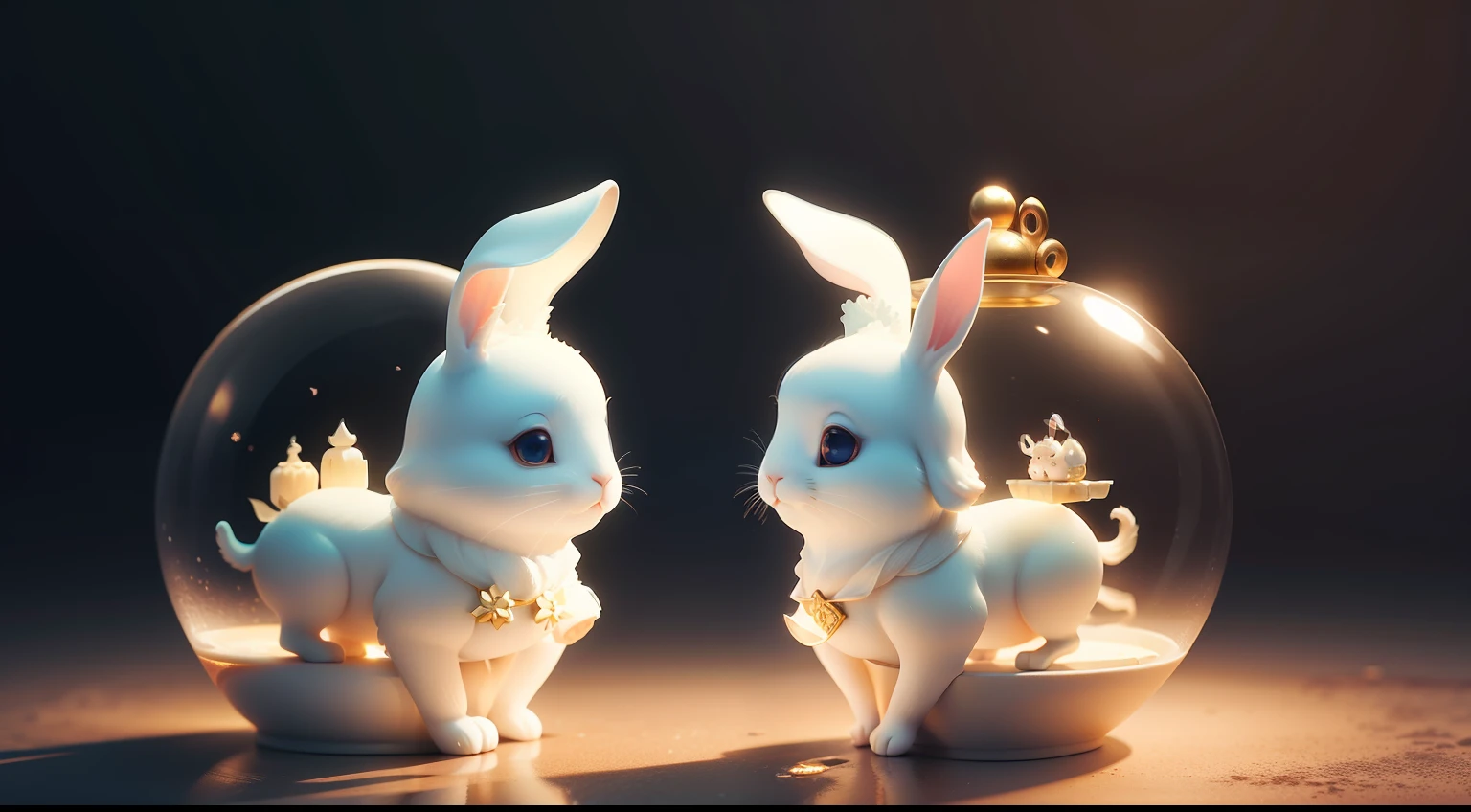 Two white rabbits playing on glassy mooncakes，C4D，high brightness。