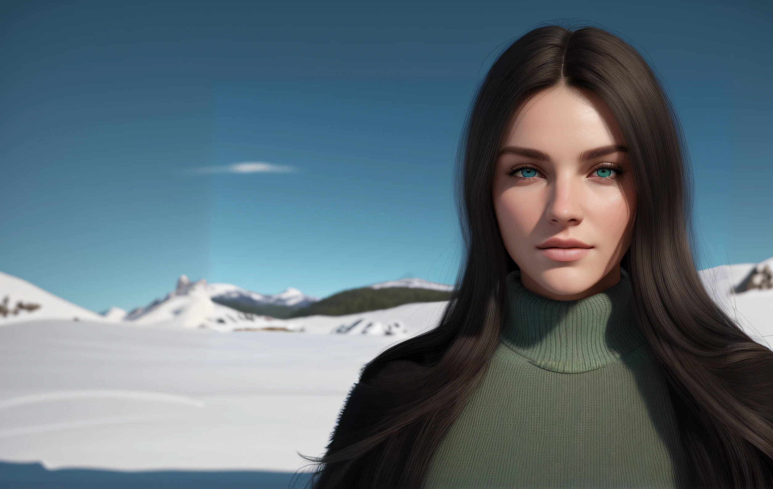 Arafed Mujer con pelo largo y cuello alto verde en la nieve, Retrato suave disparado 8K, Renderizado retrato 8K, cinematic realistic portrait, 3D render character art 8 k, Cara realista detallada, cinematic beautiful natural skin, Cara perfecta sombreada realista, Hermoso rostro fotorrealista, Personaje 3D realista, Personaje de primer plano, Cara realista altamente detallada, Hermosa cara realista