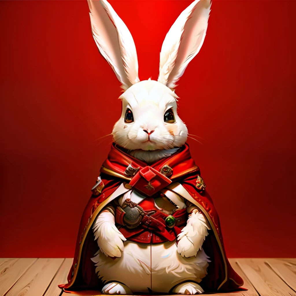 RAW photo, Humanoid, A ( Full-body ) photore [Human:Rabbit:2] Cute rabbit, Best quality ,Masterpiece, illustration, view the viewer, facing front, Fluffy festive red robe, Sharp focus, Realistic lighting