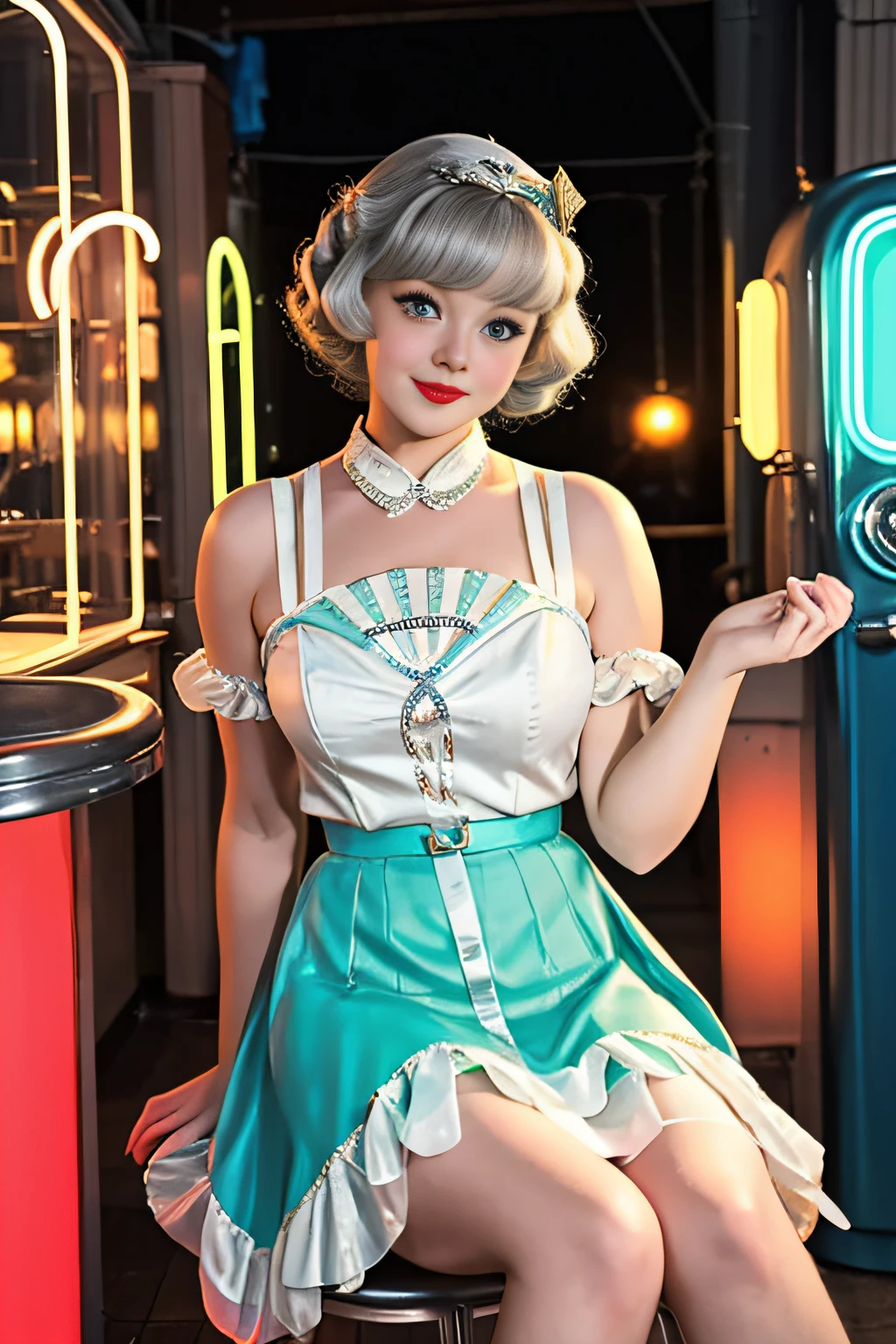 1girl dressed in a 1950s-inspired dress, complete with a full skirt and petticoat, her hair styled in classic pin curls. She should be seated at an old-fashioned diner, surrounded by vintage details like a jukebox, chrome accents, and neon signs. Her eyes should be sparkling with excitement, her skin flawless and glowing under the soft, dramatic lighting. This scene should be captured on 35mm film, with a beautiful depth of field and a slightly blurry, nostalgic background, filmg,