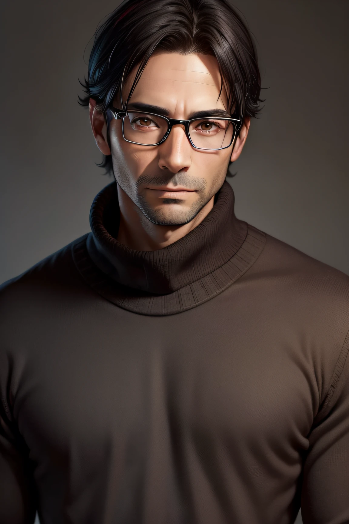 adult male, 35 years old, dark brown eyes, with glasses, thin, without muscles, black hair, with red sweater, looking in front of the camera, realistic photo