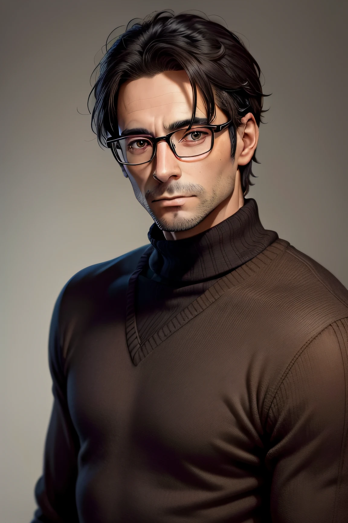 adult male, 35 years old, dark brown eyes, with glasses, thin, without muscles, black hair, with red sweater, looking in front of the camera, realistic photo