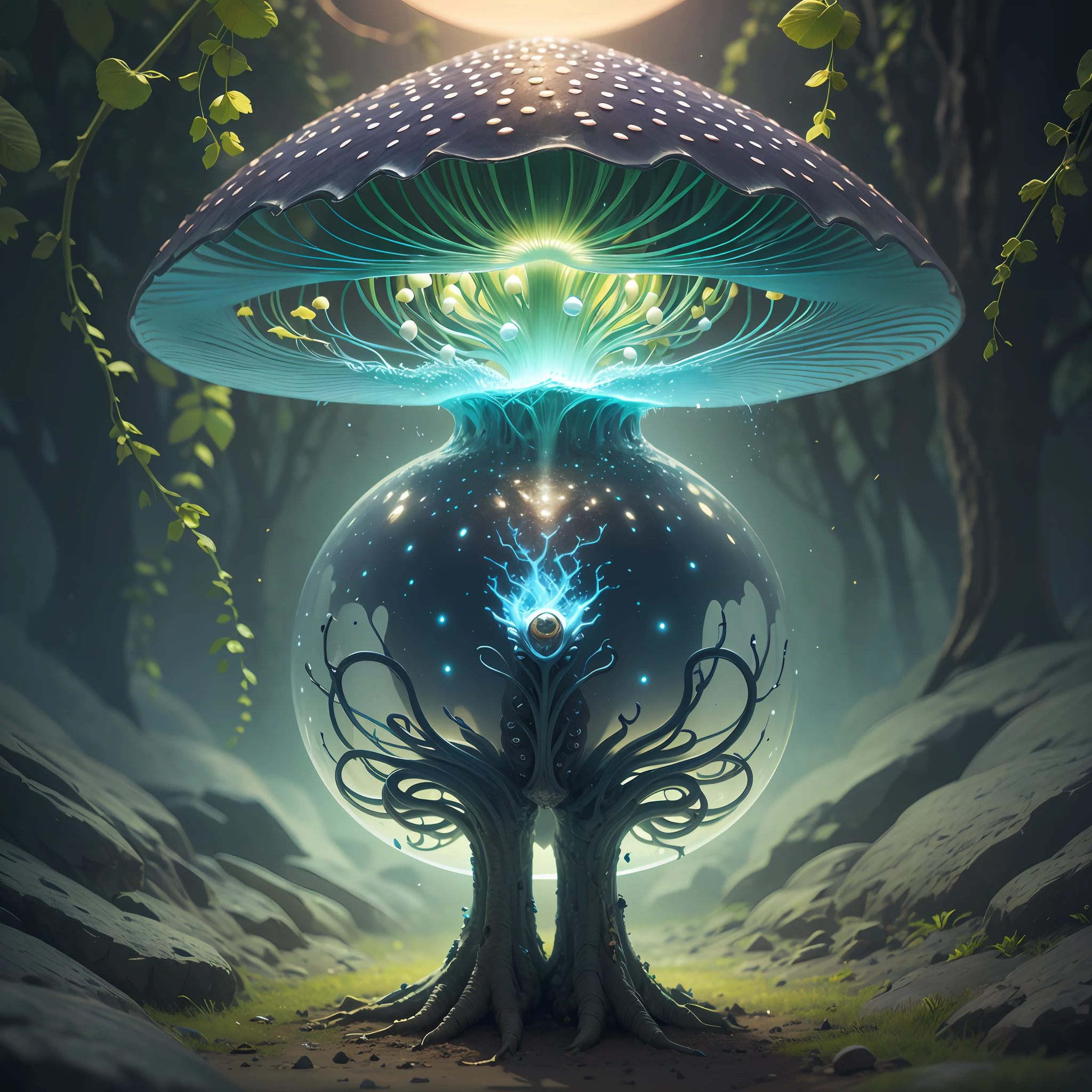 Generate images of creatures with humanoid body structures, But mainly composed of fungal elements. Its head resembles a big head, Dome-shaped crystal spring flower mushroom cap, fanciful, Colorful, Decorated with a luminous speckled pattern. Its arms are long, Flexible tendrils sprout from the shoulders, Able to be as vertical as a human hand. And not legs, It has a single, Thick, The stem is rooted in the ground. Its face is a small cluster, Bioluminescent spheres embedded in the bottom of the lid, Arranged in a way reminiscent of human facial features. photo-realism, ultra - detailed, 4K, A high resolution