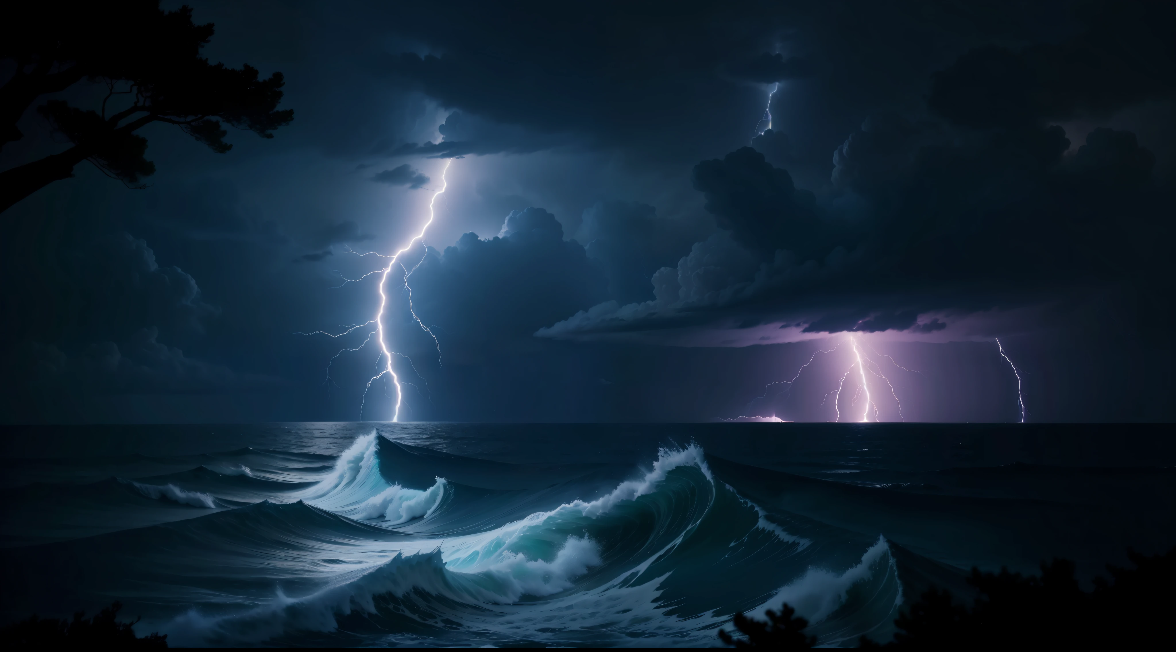 island at night storm and lightning at sea, suffocating atmosphere, heavy rain and winds, bending trees, 8k, maximum detailed, high quality