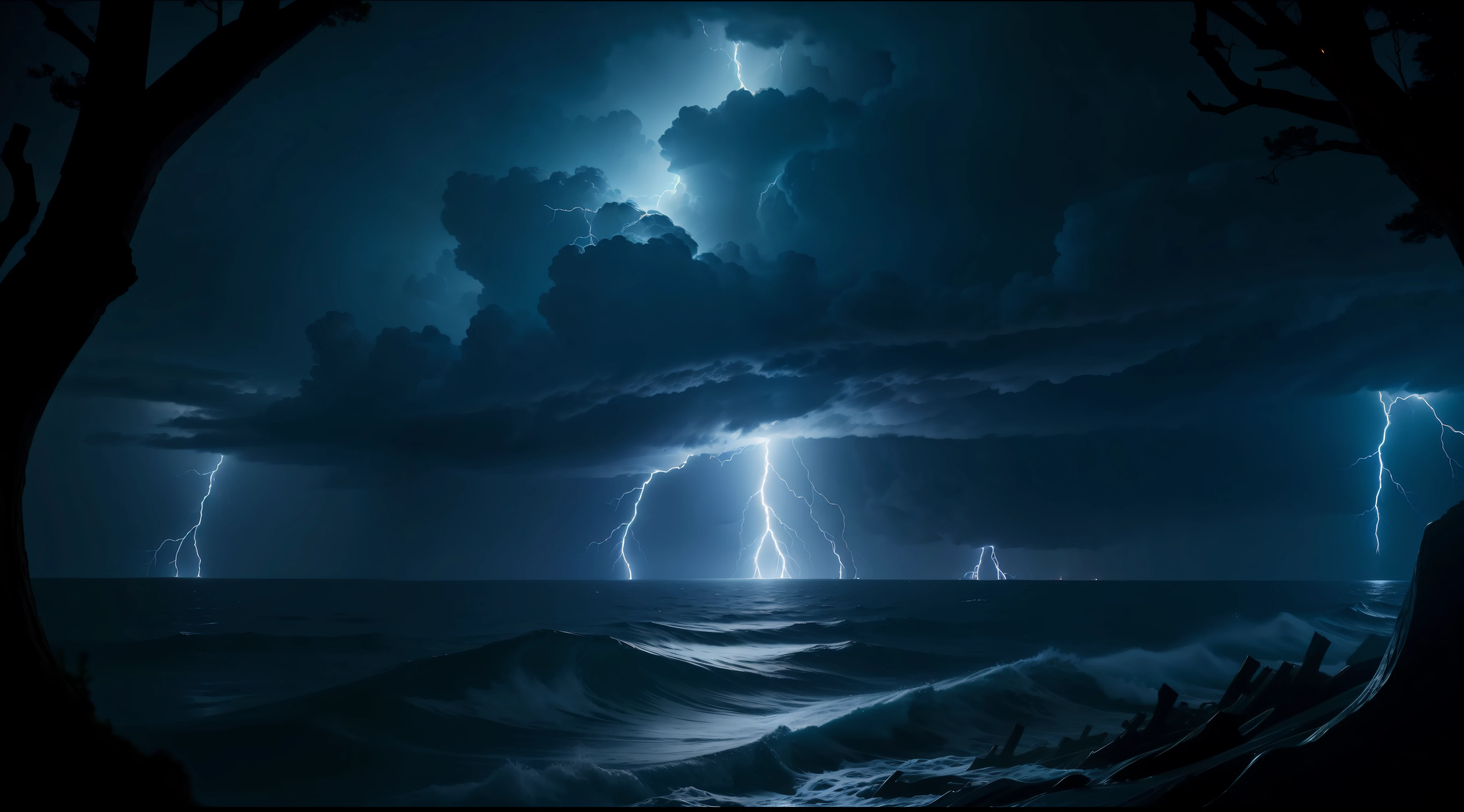 island at night storm and lightning at sea, suffocating atmosphere, heavy rain and winds, bending trees, 8k, maximum detailed, high quality