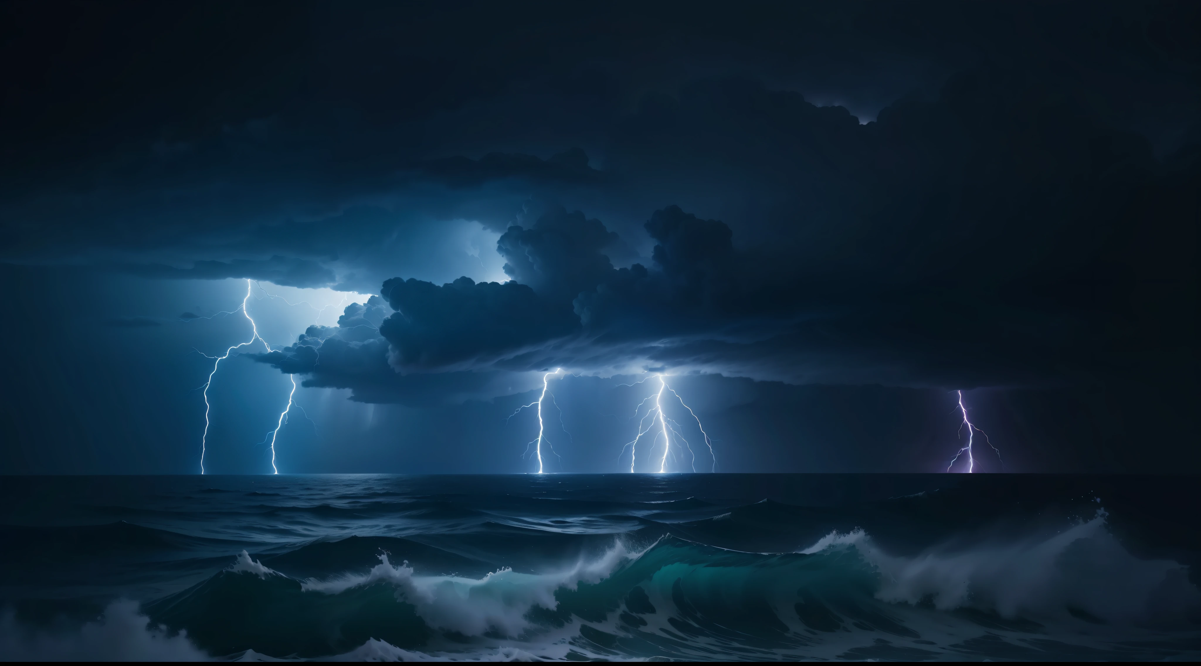 island at night storm and lightning at sea, suffocating atmosphere, heavy rain and winds, bending trees, 8k, maximum detailed, high quality
