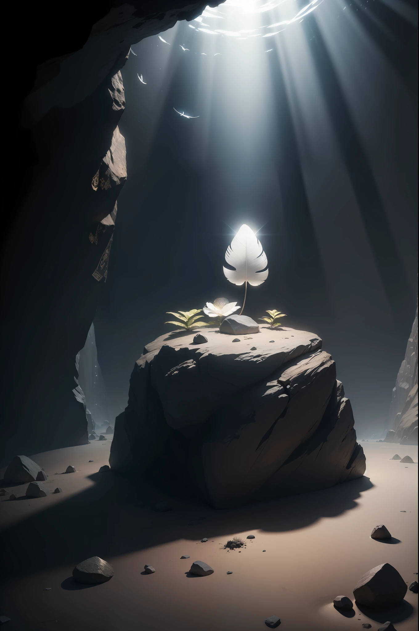 Inside a dark cave, in the center of the cave there is a small rock, and on top of this rock there is a small white feather, the light that enters from above reflects on the feather., kaleidoscopic, Dark Nautical, Frutiger Aero, top-down, Rigging, Faded, gameart, clean colors, Grindhouse, Museum lighting, Realistic skin tones, dramatic chiaroscuro lighting, portrait photography, 4k