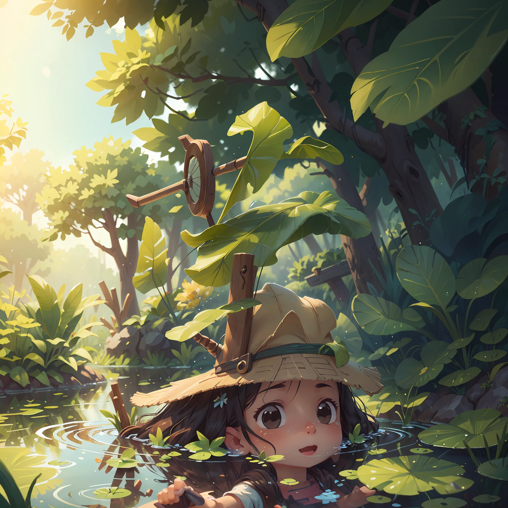 Girl, Paddling, Pond, Summer, Perfect Quality, Clear Focus (Clutter - Home: 0.8), (Masterpiece: 1.2) (Realistic: 1.2) (Bokeh) (Best Quality) (Detailed skin: 1.3) (Intricate Details) (8K) (Detail Eyes) (Sharp Focus), (Happy)