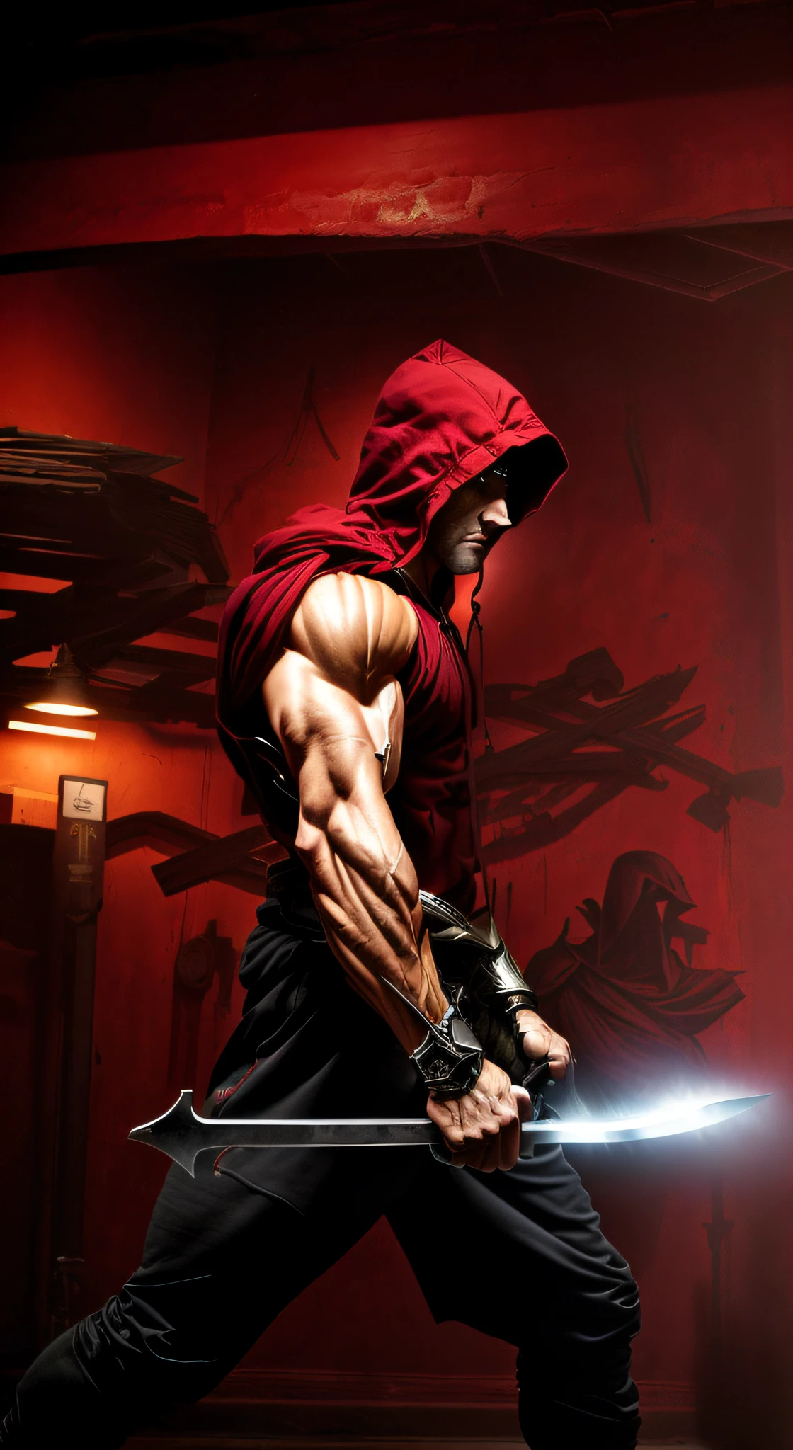 Allard man in hoodie,Hoodie holding a sword in a dark room, Ripped, muscular character, strong and imposing, musculous,Frightening, Super buff and cool, exaggerated muscle physique, absurdly muscular physique, powerful stance, spartan warrior, powerful warrior, Muscular!! Sci-fi, muscular features, Strong blood body, large biceps, film render, Shredded