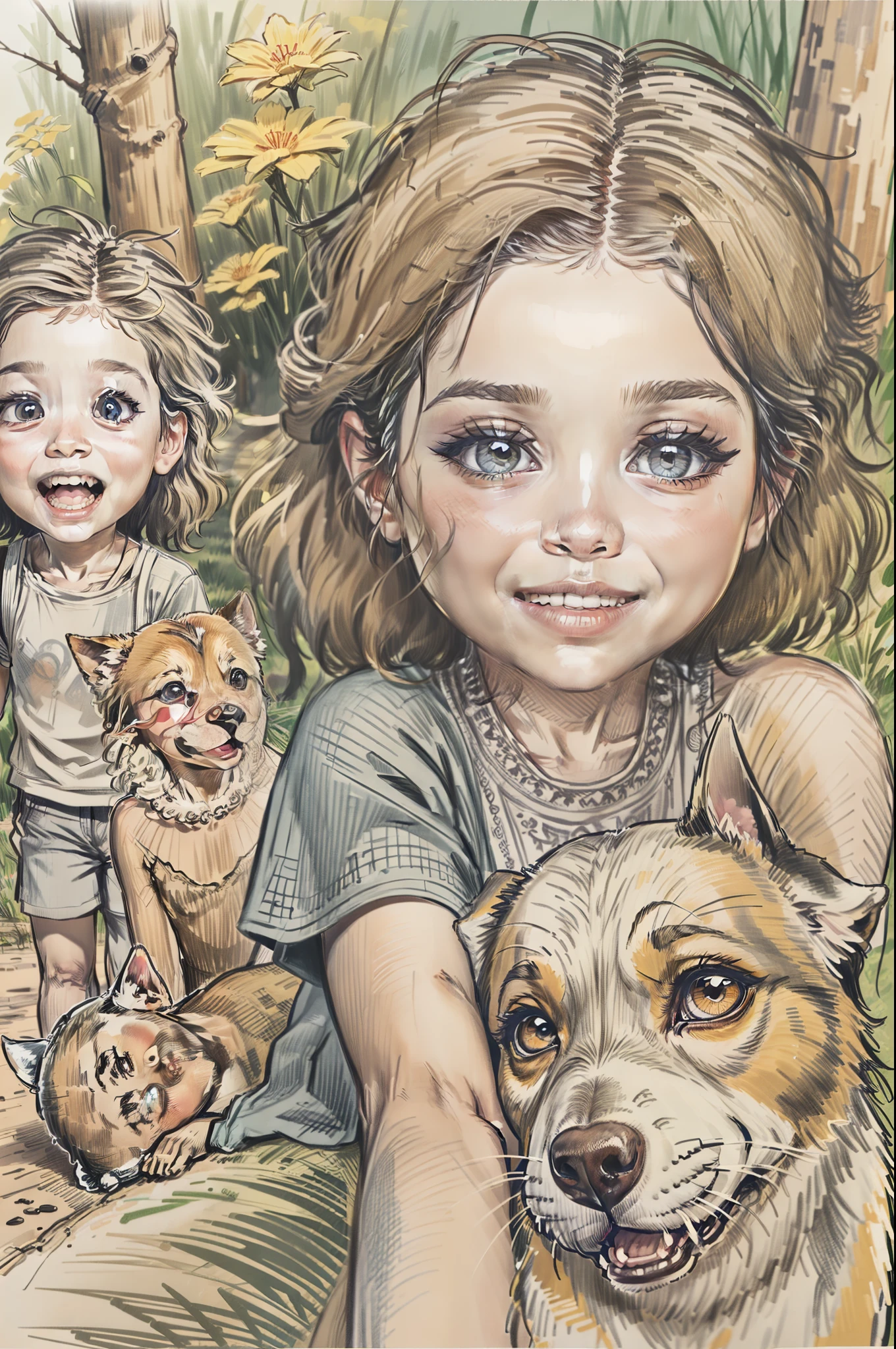 Cartoon Design, Pencil sketch style, Pencil coloring with many colors, Representation of children playing with a puppy, muy felices en un parque. El rostro, los ojos y los cuerpos de las figuras deben estar bien definidas en sus formas.