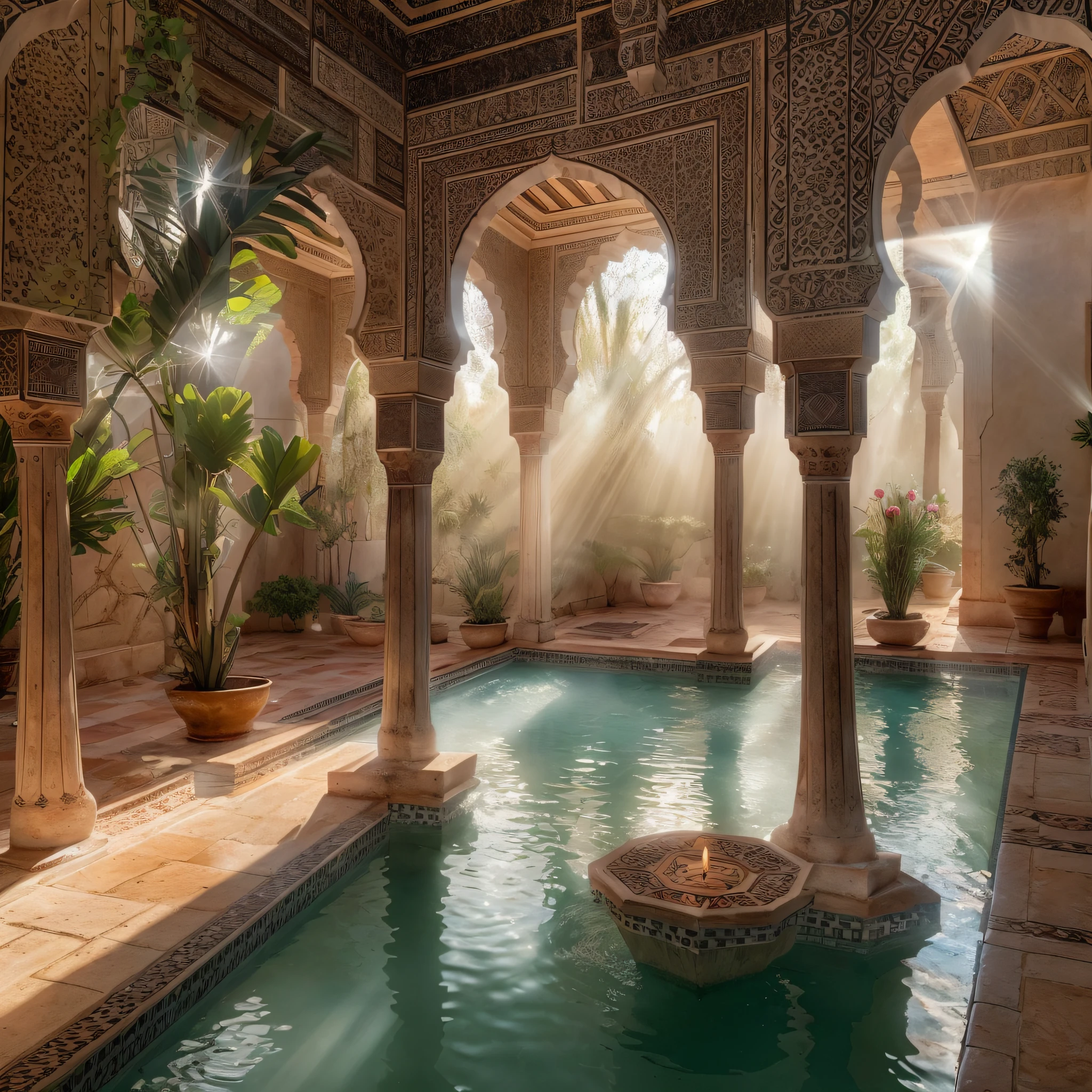 sunrays, masterpiece, best quality, ultra high res, RAW, ((white Riad)), ((riad pool)), splashing riad fountain, Marrakech, moroccan candle holders, palm trees, opalescent lights, (Photoluminescence water), gems, ((profusion glowing flowers)), clear, Cinematic RAW photo, hyper real photo, ultrarealistic, 8k uhd, dslr, soft lighting, high quality, film grain, Fujifilm XT3, photographed on a Kodak Retina II Sanyo Xacti VPC-CA6, 50mm lens, Wide Angle, HDR, hyper-realistic, colorgraded, volumetric lighting, [volumetric fog, moist], shallow depth of field, reflections, photo, (sparkling), glistening, (iridescent), glimmering, crystal steam, shimmering, mystical, enchanting, glittering, Morocco, exotic, (masterpiece) (best quality) (detailed) (8k) (HDR) (wallpaper) (cinematic lighting) (sharp focus) (intricate), Amazigh, courtyard 3 stories, romantic