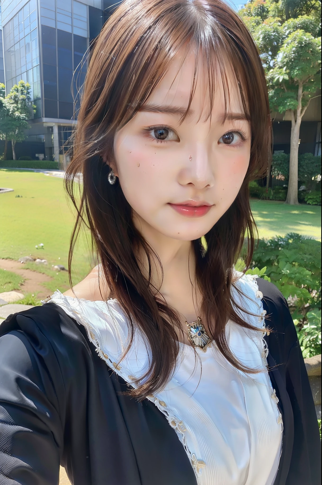 masutepiece,Best Quality:1.4),(8K,Raw photo,photographrealistic:1.2),(Shiny skin),Detailed skin,Detailed face,Detailed eyes,1girl in,Upper body,Japanese Idol,Extremely beautiful face,Brown hair、Wearing a black suit、Stay outside、Sweating、Sunnyday