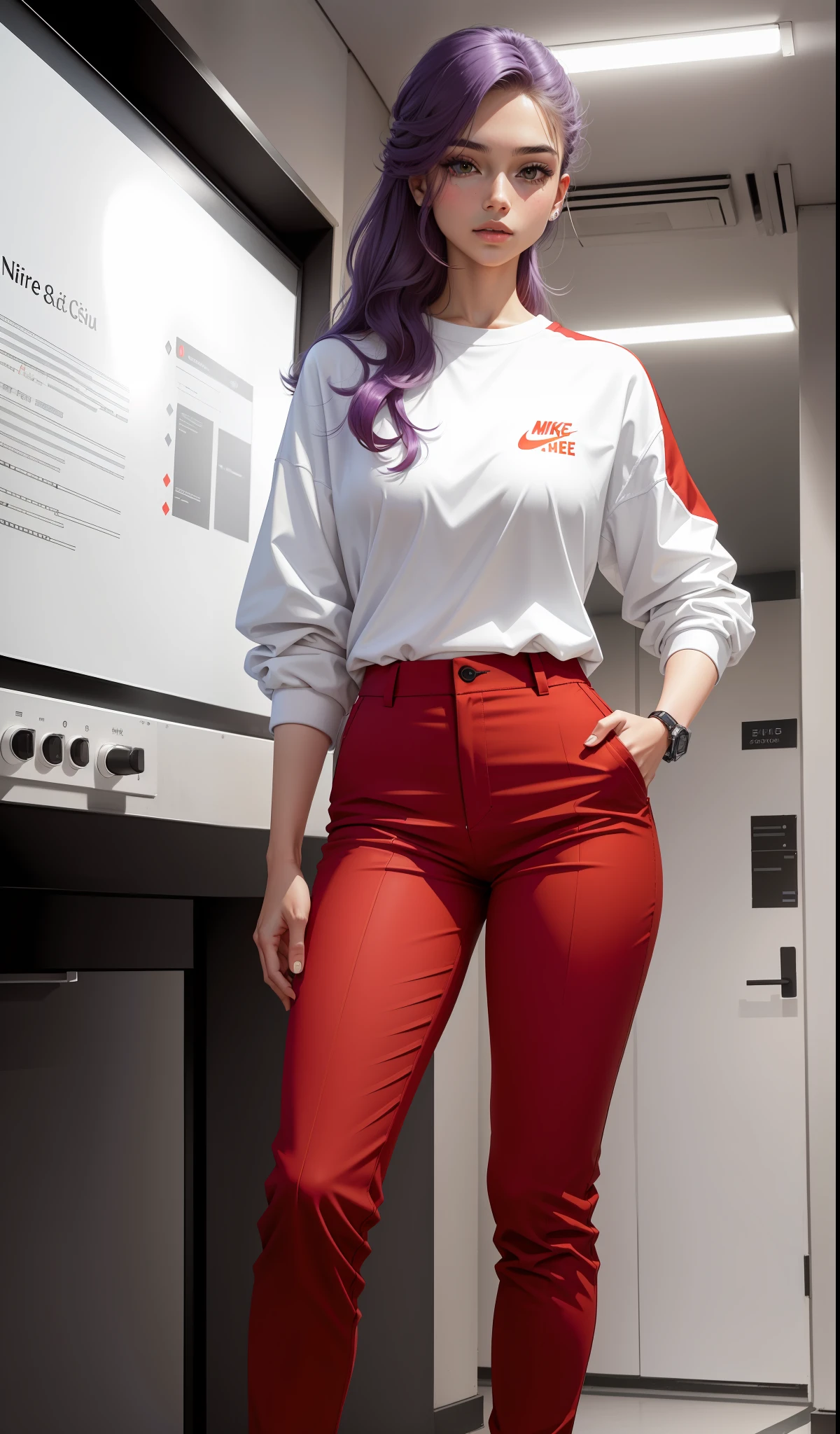 a woman in a white Nike shirt and red pants is playing video games, estilo simples, vestindo roupas casuais elegantes, vermelho suave, roupas simples, estilo leite e vermelho, estilo de roupa casual, roupa de moda moderna, vestindo uma pescadora, roupas modernas casuais, inspo , roupas vermelhas, red pants, tons neutros, esquema de cores rred e branco, Business casual clothing, cara assustadora, sneakers Nike, 22 anos, rosto adulto, cabelo comprido, ((cabelo com mechas roxo))
