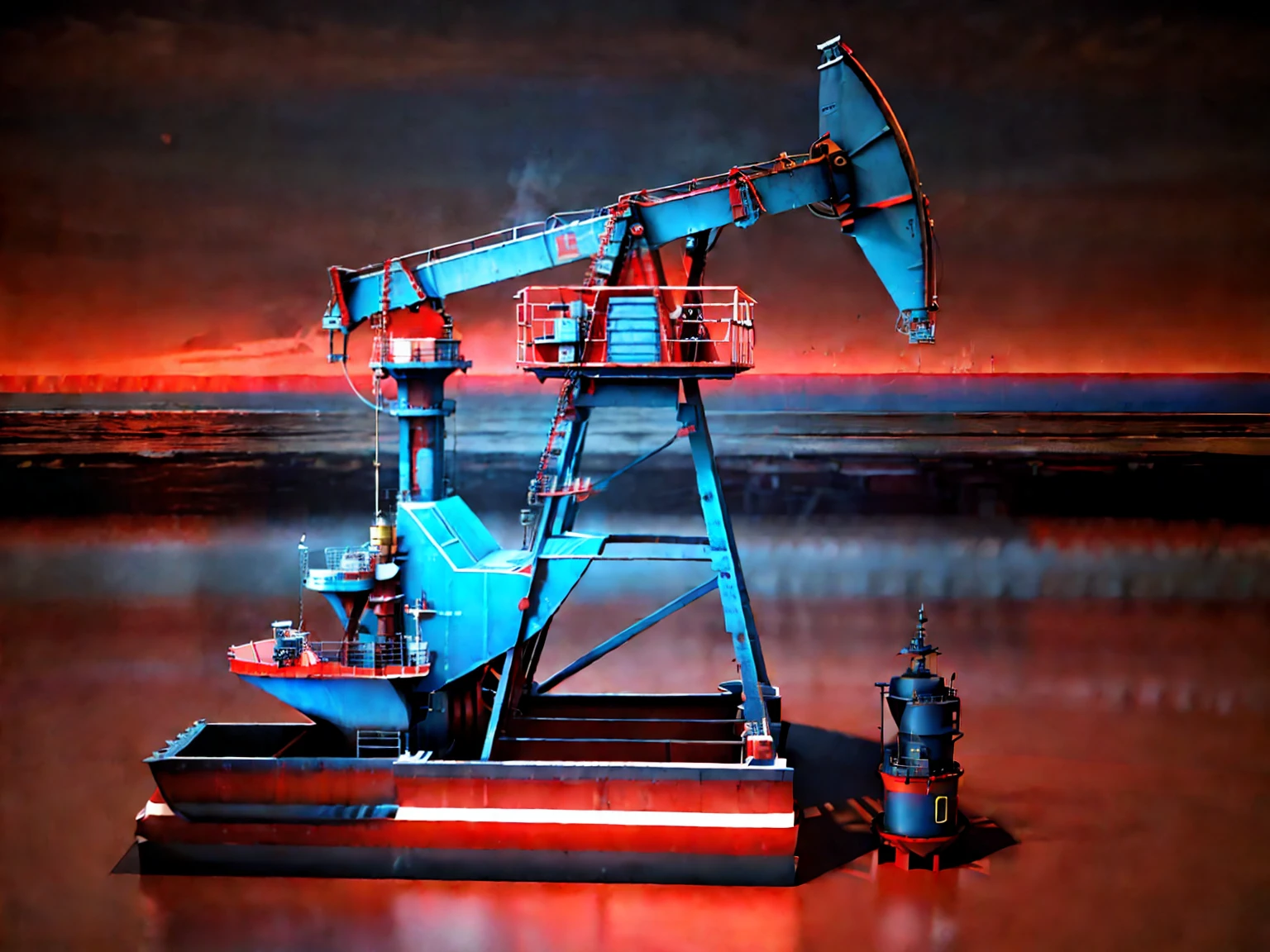There are red and blue oil pumps and red and yellow boats, oil rig, oilfield scene, Oil Derex is on the horizon, Renders, oil, conceito, high quality product image”, octane 3d render, octane 3 d render, portrait of a big, highly rendered, ( ( 3 d rendered ) ), 3 d models, 3 d model, D RENDERING