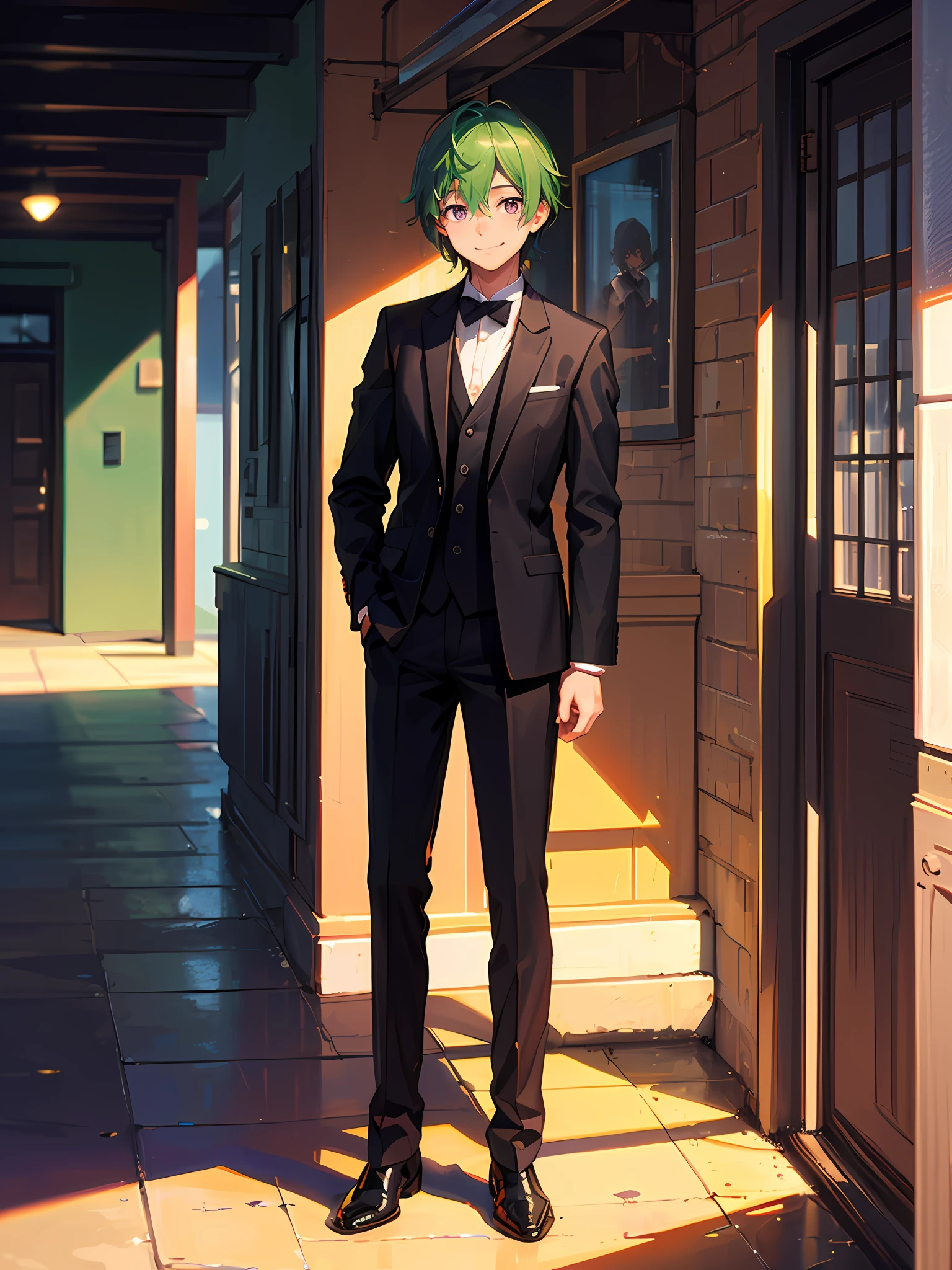 masterpiece, best quality, hires, Original Character, Volumetric Lighting, Best Shadows, Shallow Depth of Field, 1boy, high school student, green hair, purple eyes, shy, smile, carefree, magician, tuxedo, dress shoes, outdoors, cute