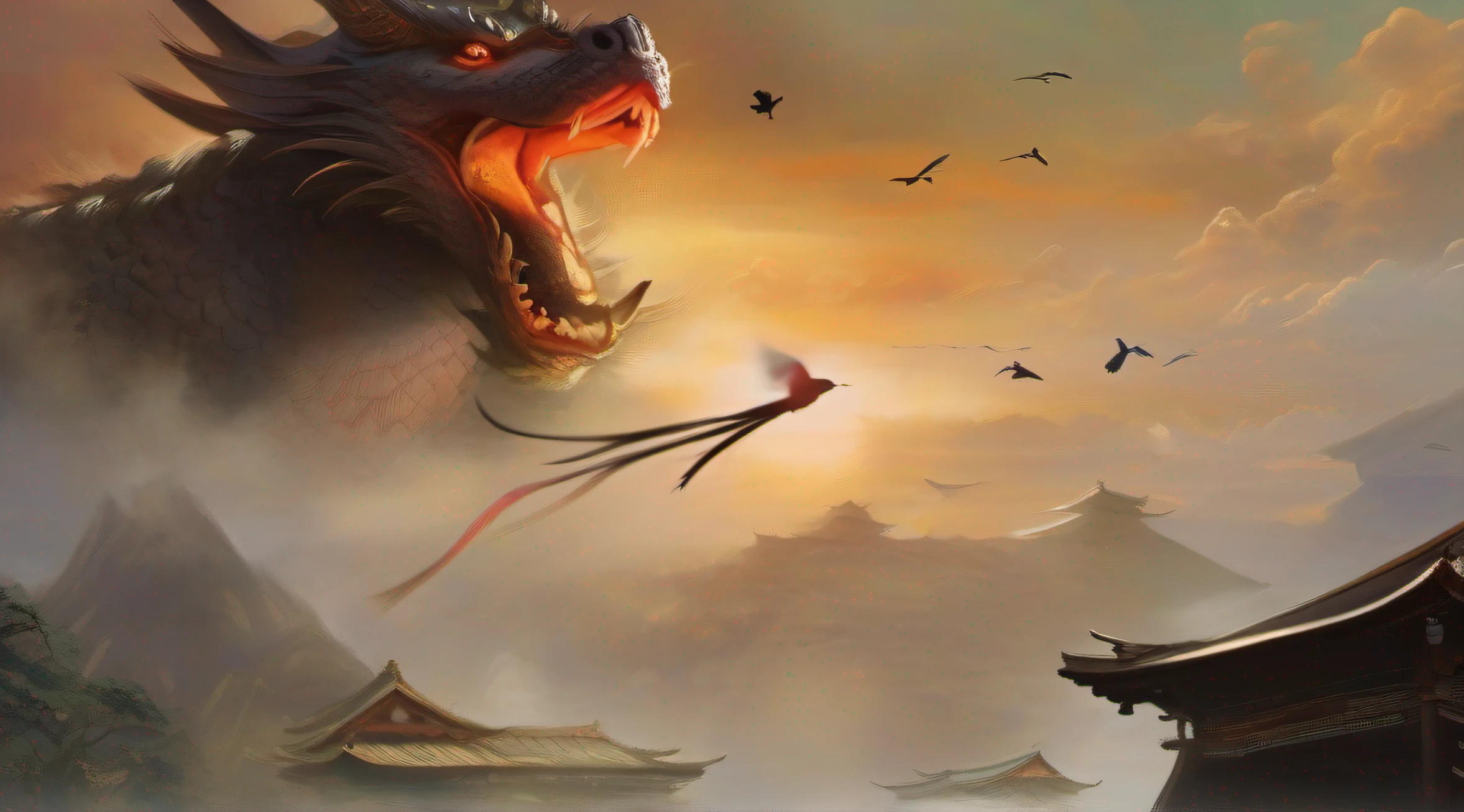 Painting of a samurai man with a sword and a bird flying over him, battle with dragon, por Slawomir Maniak, Directed by: Tadeusz Pruszkówski, fighting a dragon, por Yang J, Directed by: Grzegorz Domaradzki, epic elder scrolls art, Directed by: Andrew Wroblewski, por Fan Qi
