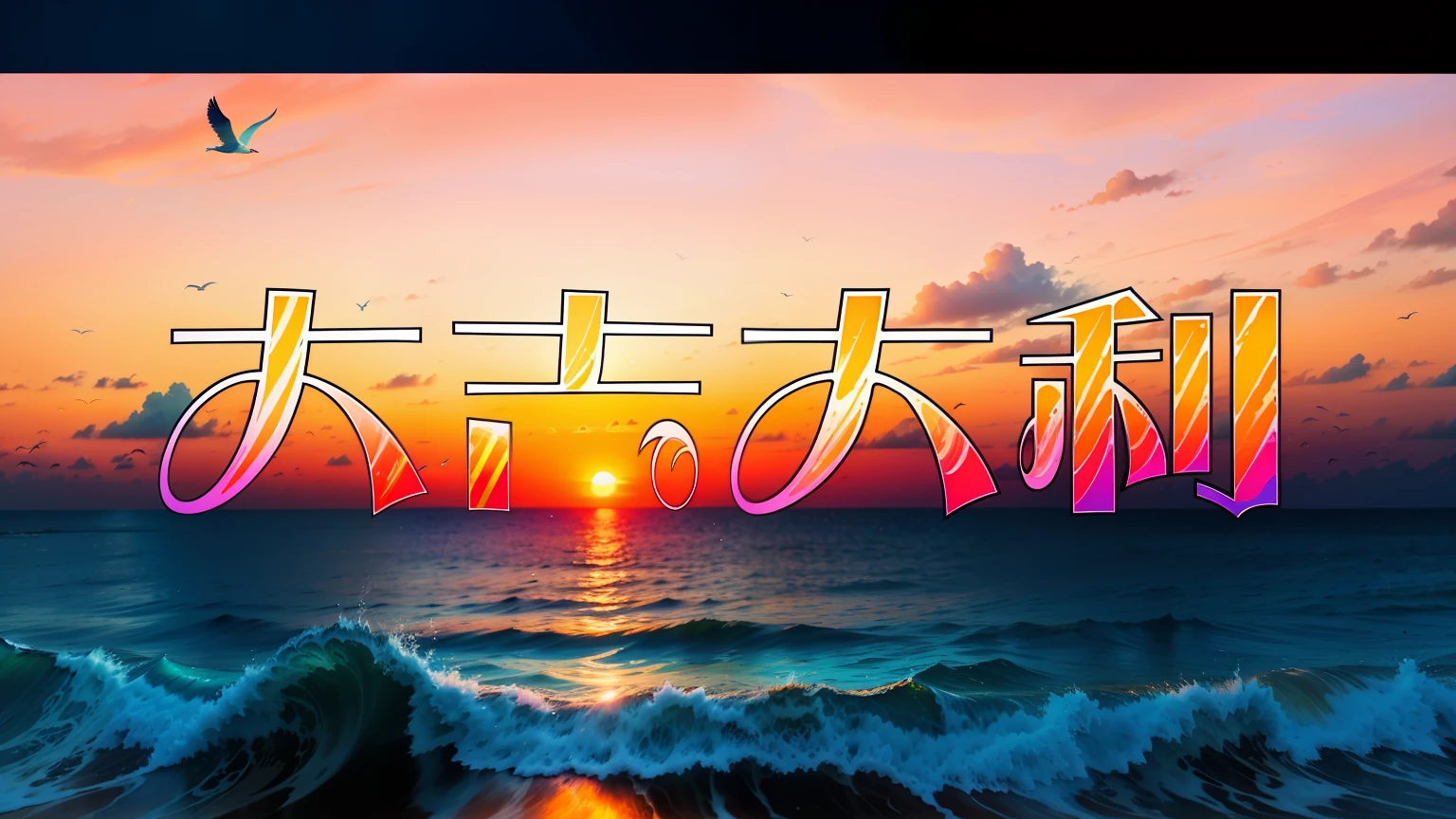 An absolutely mesmerizing sunset over the beach, with a blend of oranges, pinks, and yellows filling the sky. Crystal-clear waters of the sea gently kissing the shore, with sandy white beach stretching far and wide. The scene is dynamic and breathtaking, with seagulls soaring high in the sky and gently swaying palm trees. Take in the calming atmosphere and let the peacefulness wash over you.