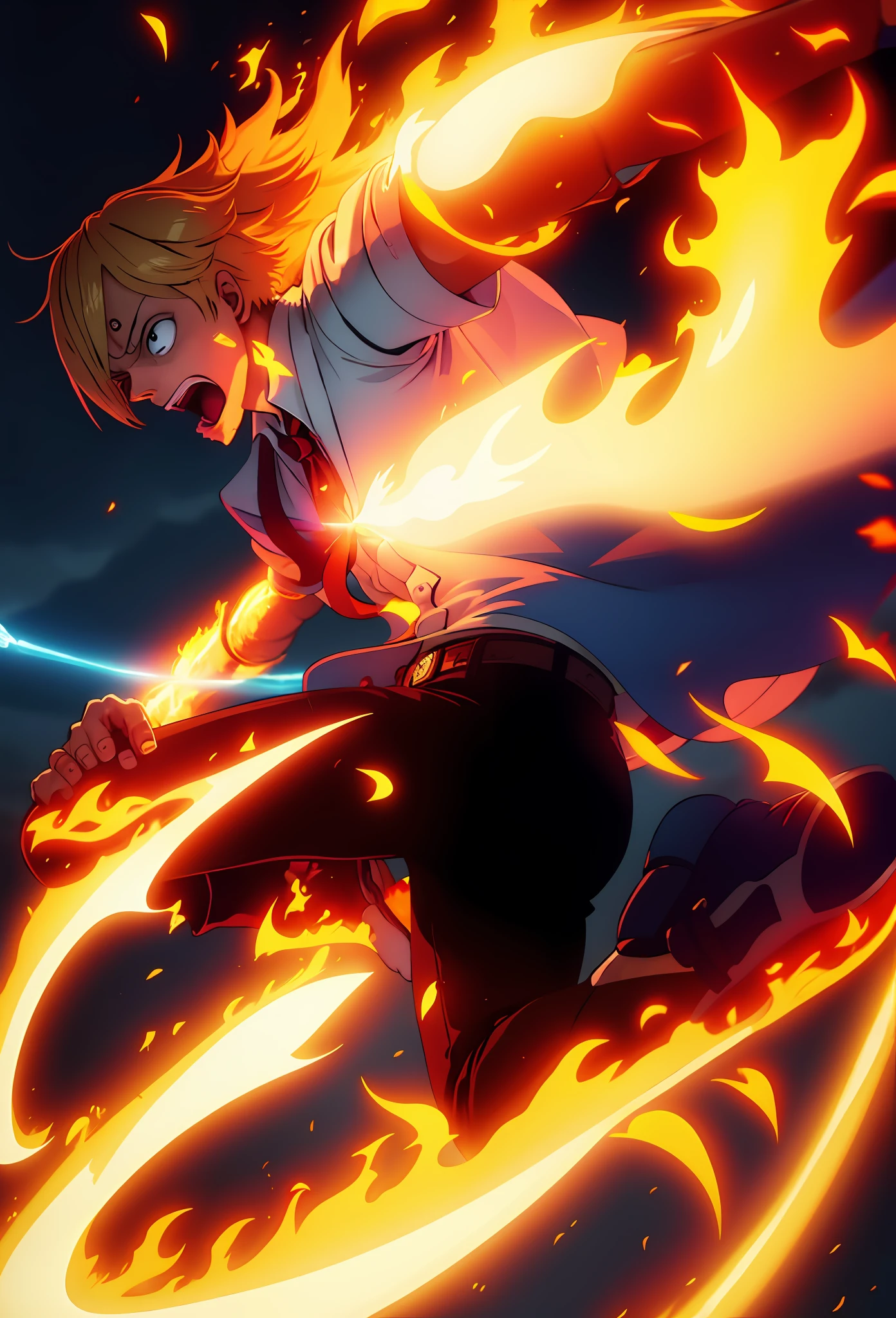 Sanji, em um movimento de batalha, with flames on his feet