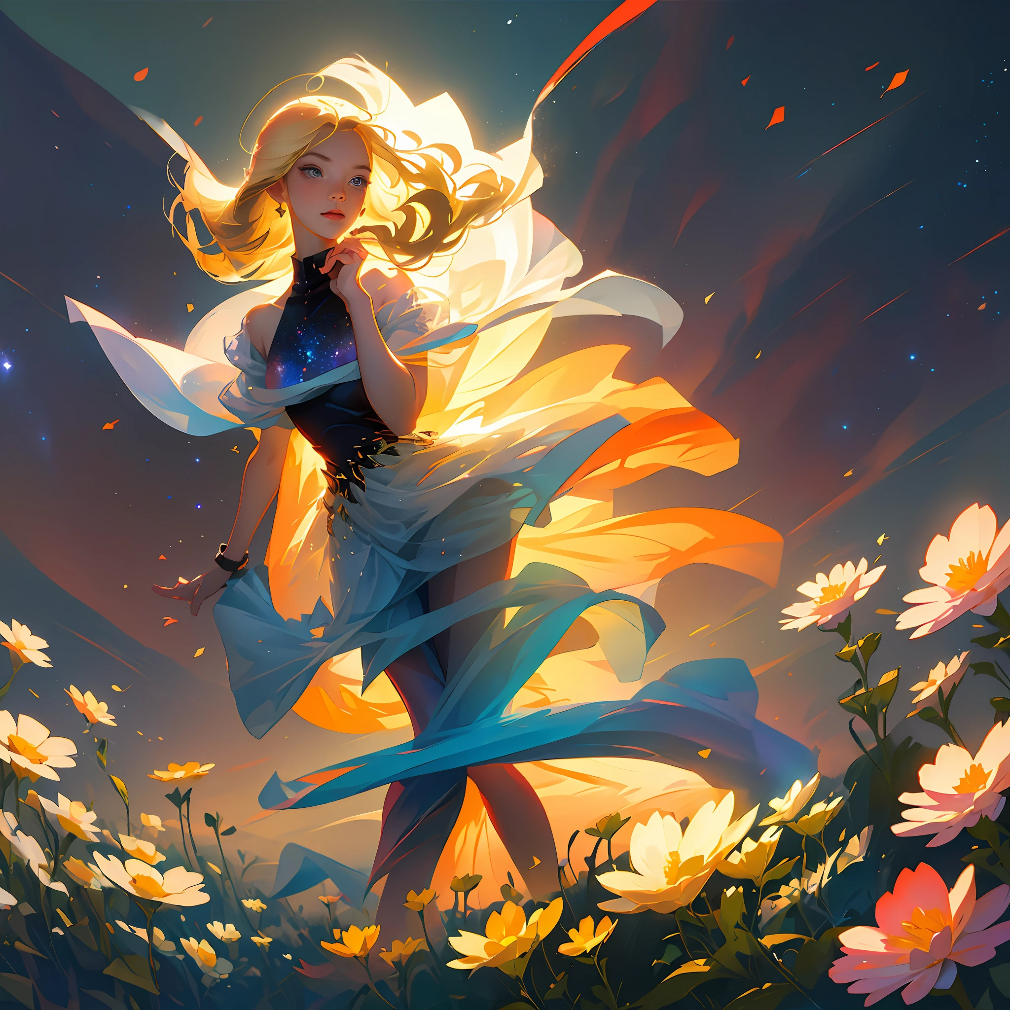 (best quality, masterpiece), 1girl, pose, particle, wind, flower, upper body, simple background, looking at viewer, blonde, galaxy,