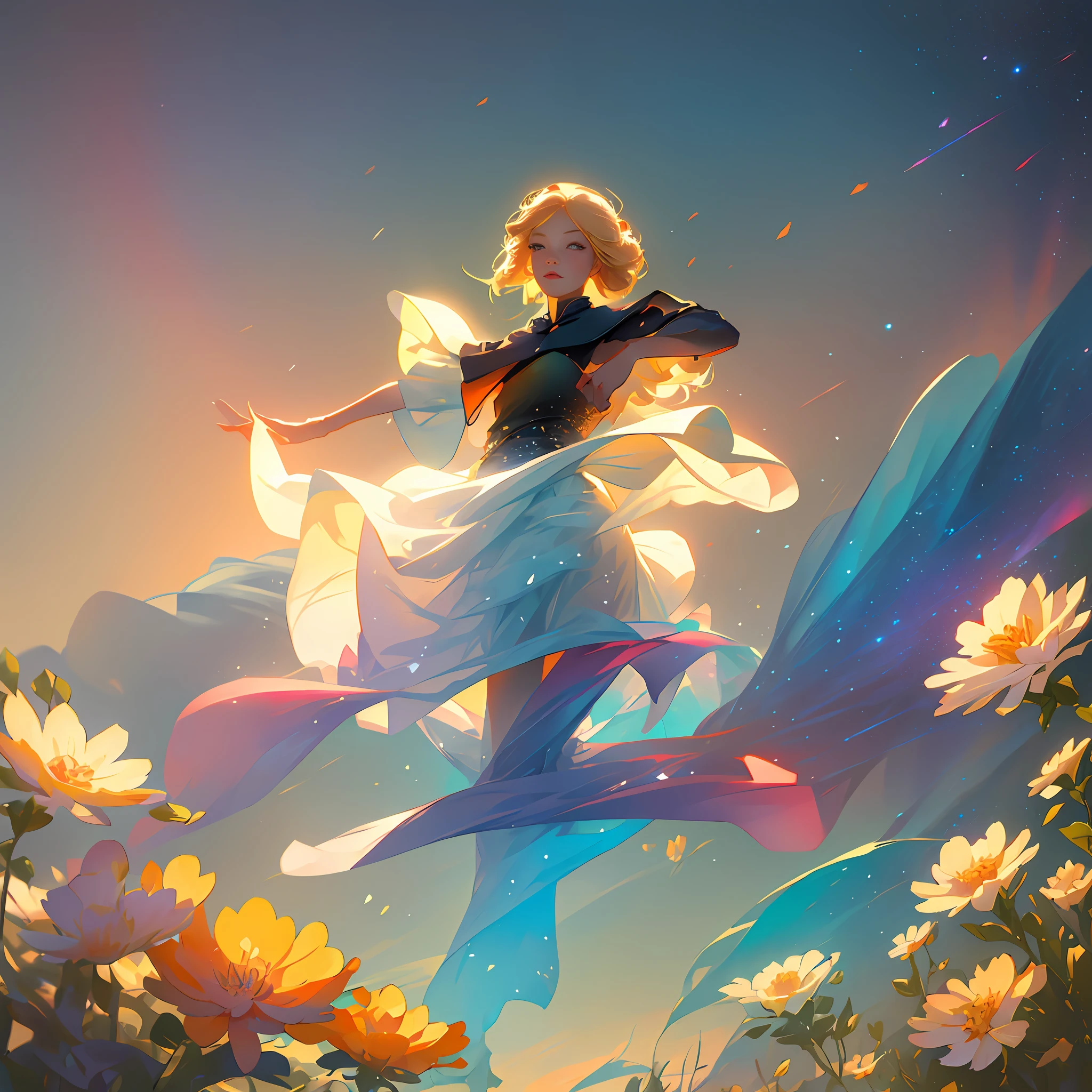 (best quality, masterpiece), 1girl, pose, particle, wind, flower, upper body, simple background, looking at viewer, blonde, galaxy,