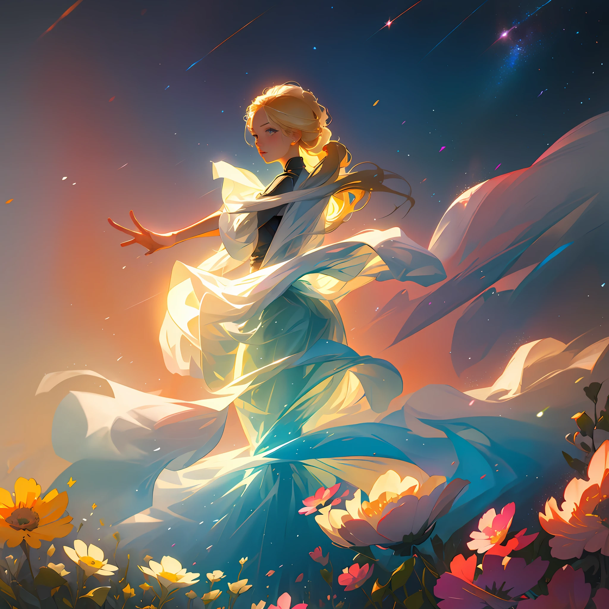 (best quality, masterpiece), 1girl, pose, particle, wind, flower, upper body, simple background, looking at viewer, blonde, galaxy,