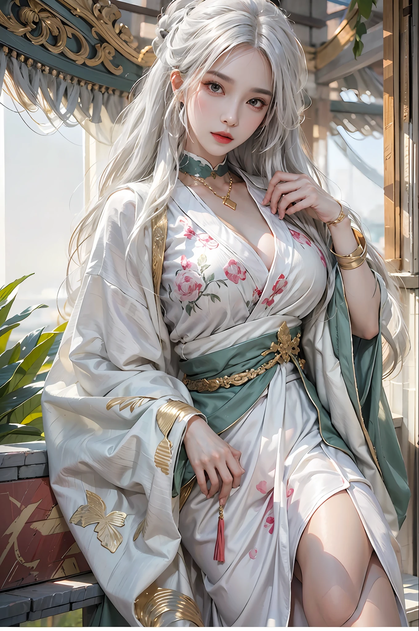 photorealistic, high resolution, 1women, solo, hips up, look at viewer, (detailed face), white hair, long hair, Taoist robe,oversized clothes, jewelry