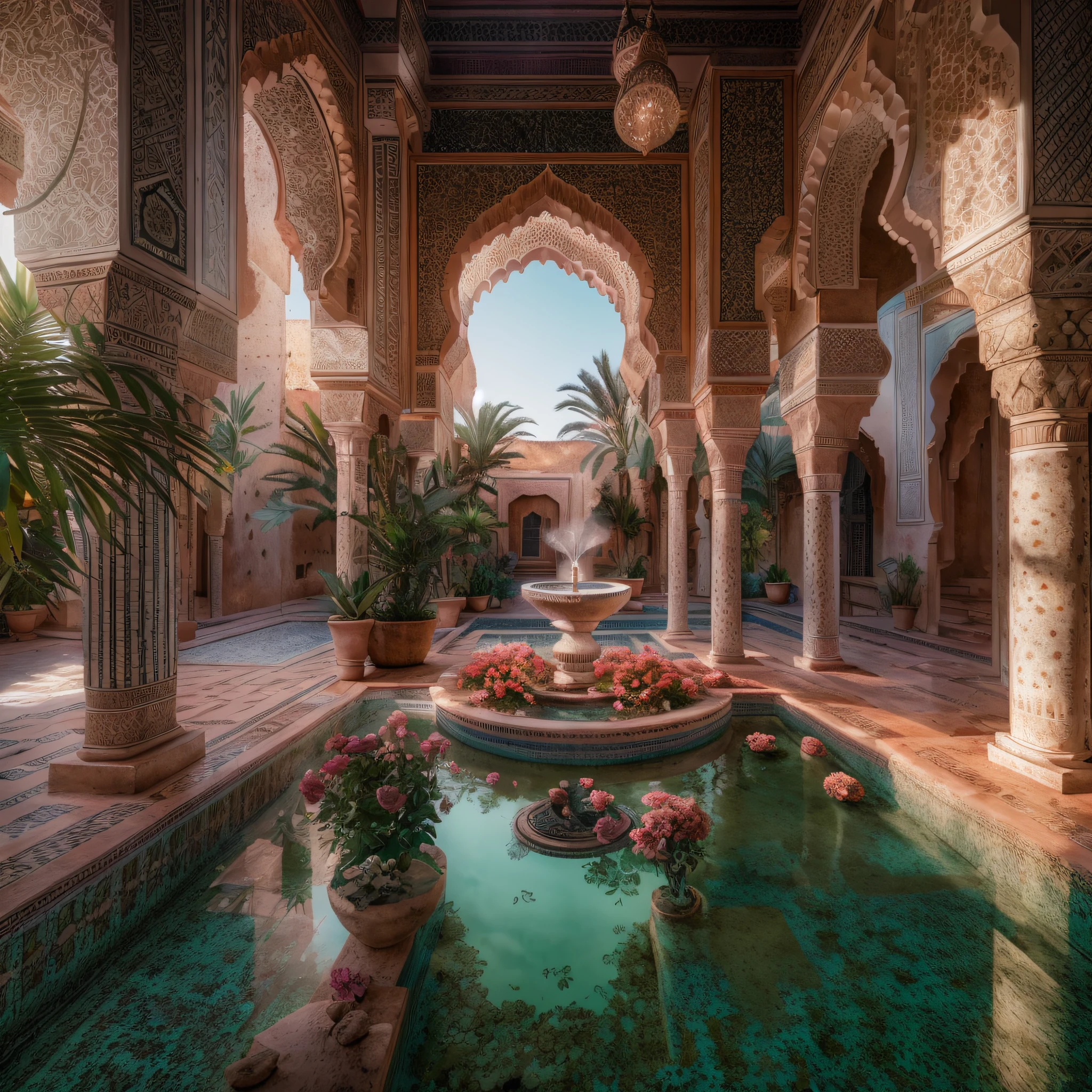 dark pink roses, sunrays, masterpiece, best quality, ultra high res, RAW, ((Riad)), ((riad pool)), splashing riad fountain, Marrakech, moroccan candle holders, palm trees, opalescent lights, (Photoluminescence water), gems, ((glowing flowers)), clear, Cinematic RAW photo, hyper real photo, ultrarealistic, 8k uhd, dslr, soft lighting, high quality, film grain, Fujifilm XT3, photographed on a Kodak Retina II Sanyo Xacti VPC-CA6, 50mm lens, Wide Angle, HDR, hyper-realistic, colorgraded, volumetric lighting, [volumetric fog, moist], shallow depth of field, reflections, photo, (sparkling) splashing, glistening, (iridescent), glimmering, crystal steam, shimmering, mystical, enchanting, glittering, Morocco, exotic, (masterpiece) (best quality) (detailed) (8k) (HDR) (wallpaper) (cinematic lighting) (sharp focus) (intricate), Amazigh, courtyard, romantic