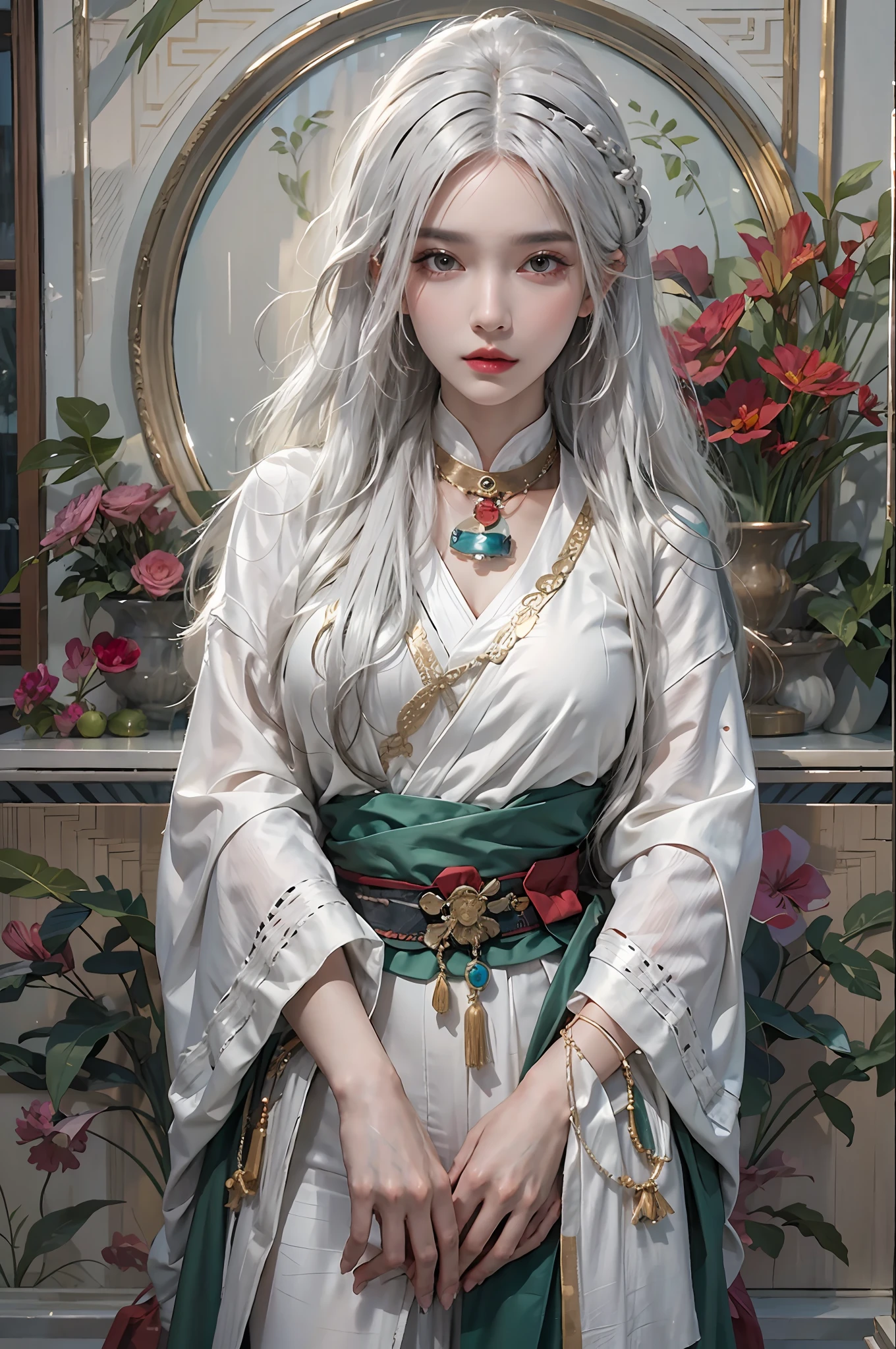 photorealistic, high resolution, 1women, solo, hips up, look at viewer, (detailed face), white hair, long hair, Taoist robe,oversized clothes, jewelry