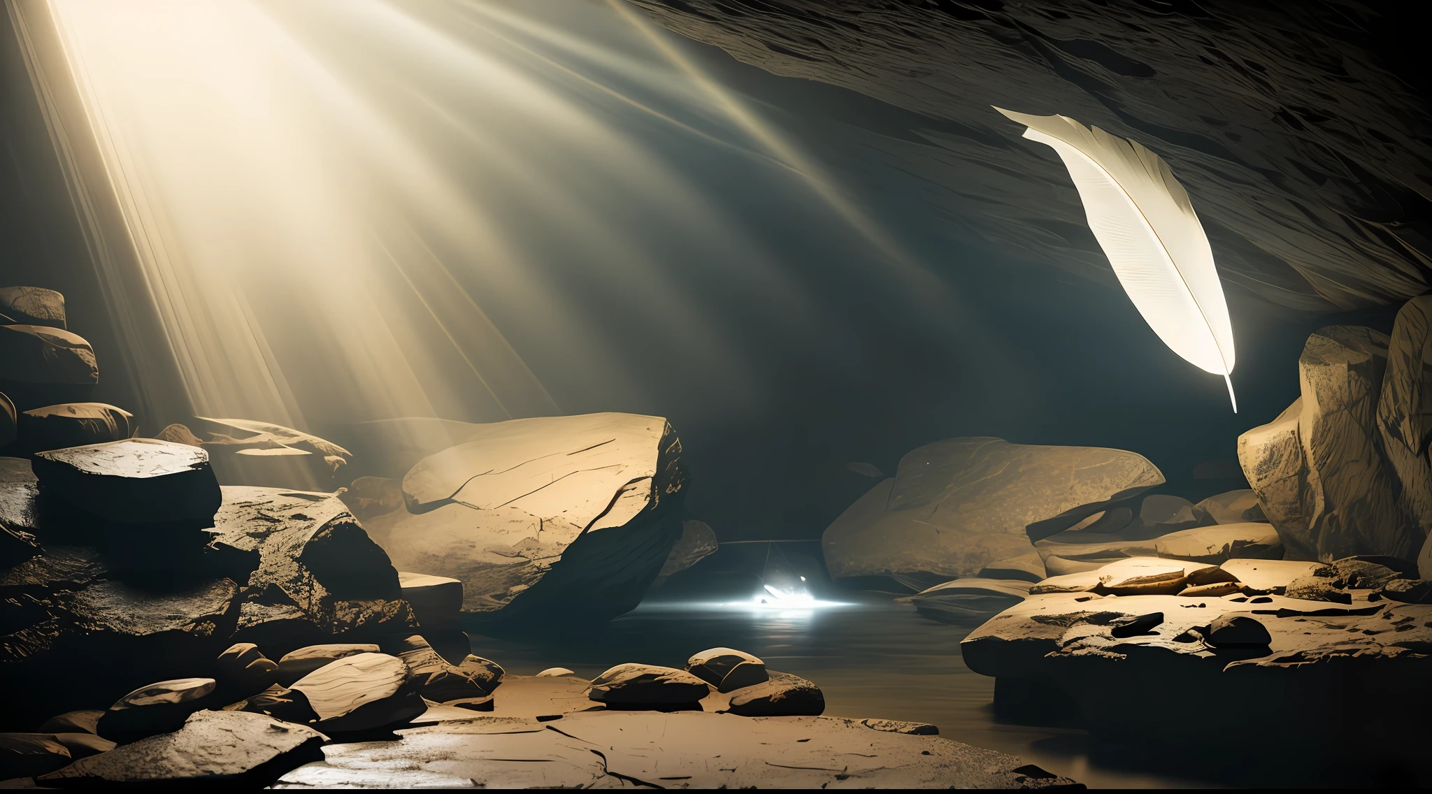 Inside a dark cave, in the center of the cave there is a small rock, and on top of this rock there is a small white feather, the light that enters from above reflects on the feather., kaleidoscopic, Dark Nautical, Frutiger Aero, top-down, Rigging, Faded, gameart, clean colors, Grindhouse, Museum lighting, Realistic skin tones, dramatic chiaroscuro lighting, portrait photography, 4k --auto