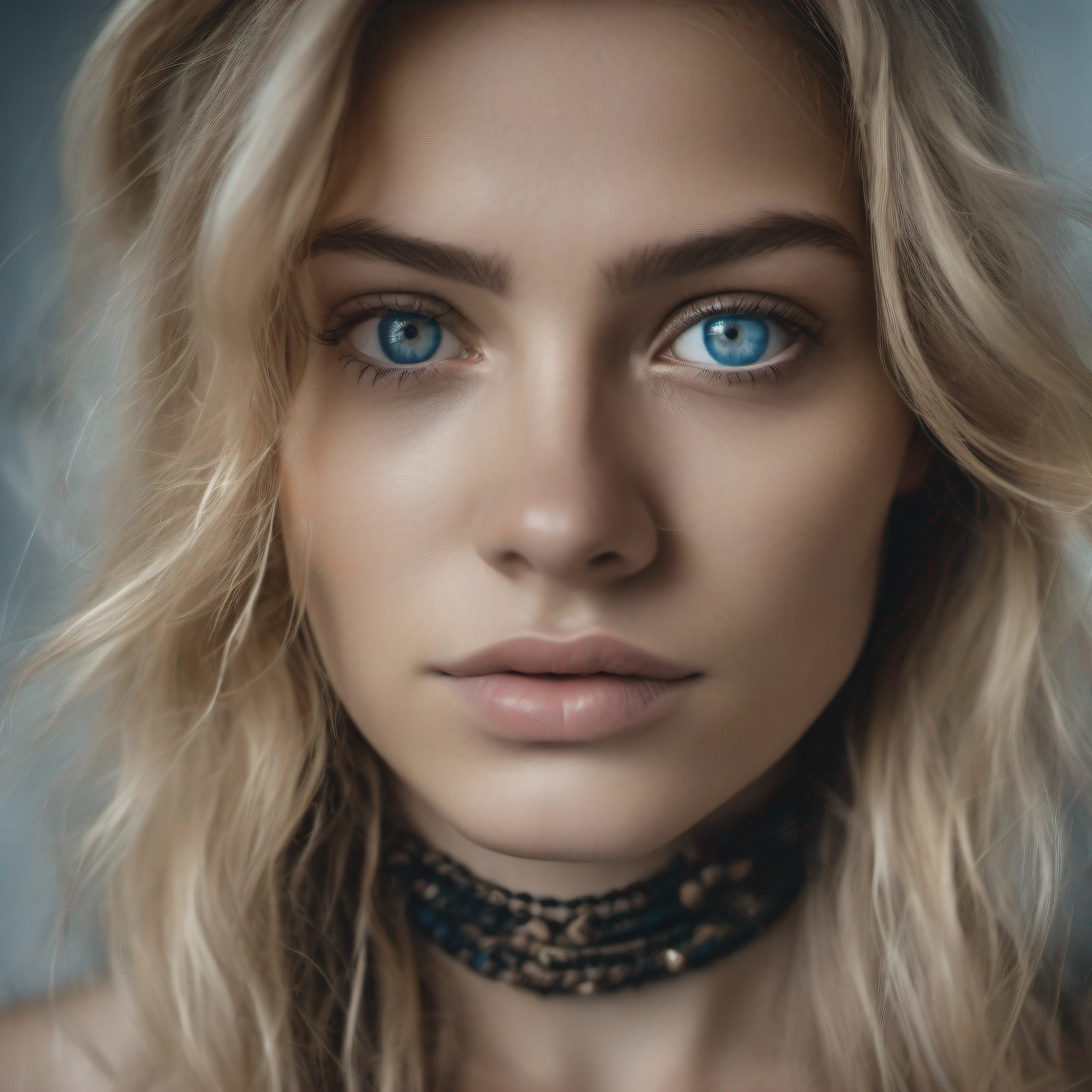 Masterpiece, absurdres,award winning photo, extremely detailed, amazing, fine detail, extremely detailed eyes and face, by lee jeffries nikon d850 film stock photograph 4 kodak portra 400 camera f1.6 lens rich colors hyper realistic lifelike texture dramatic lighting unrealengine trending on artstation cinestill 800 tungsten, beautiful rud_woman, a woman with long blond hair and blue eyes ,perfect rud_face, perfect rud_body,smiling, excited, choker,