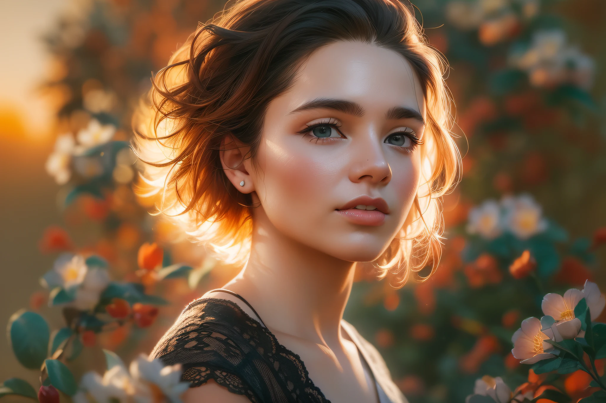 (((cinematic portrait))), young woman, vibrant hair, colourful blooming flowers, sunset, warm light, serene expression 00 --ar 3:2 --c 30 --s 2