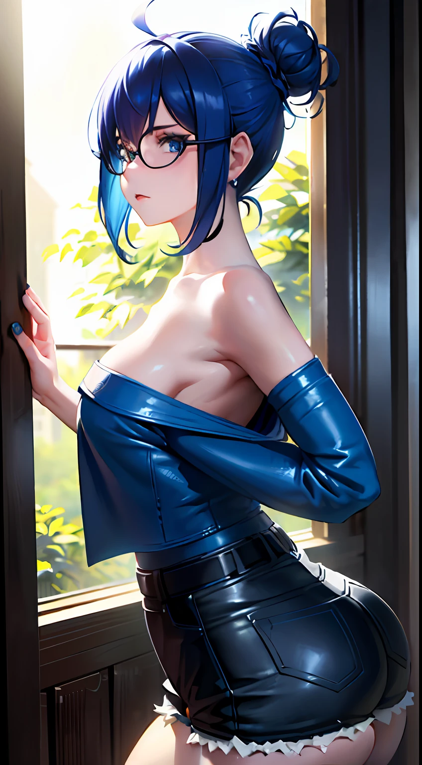 ((masterpiece)),(best quality),(detailed),(1girl), Blue hair, Blue light eyes, updo, komono, looks down on a viewer