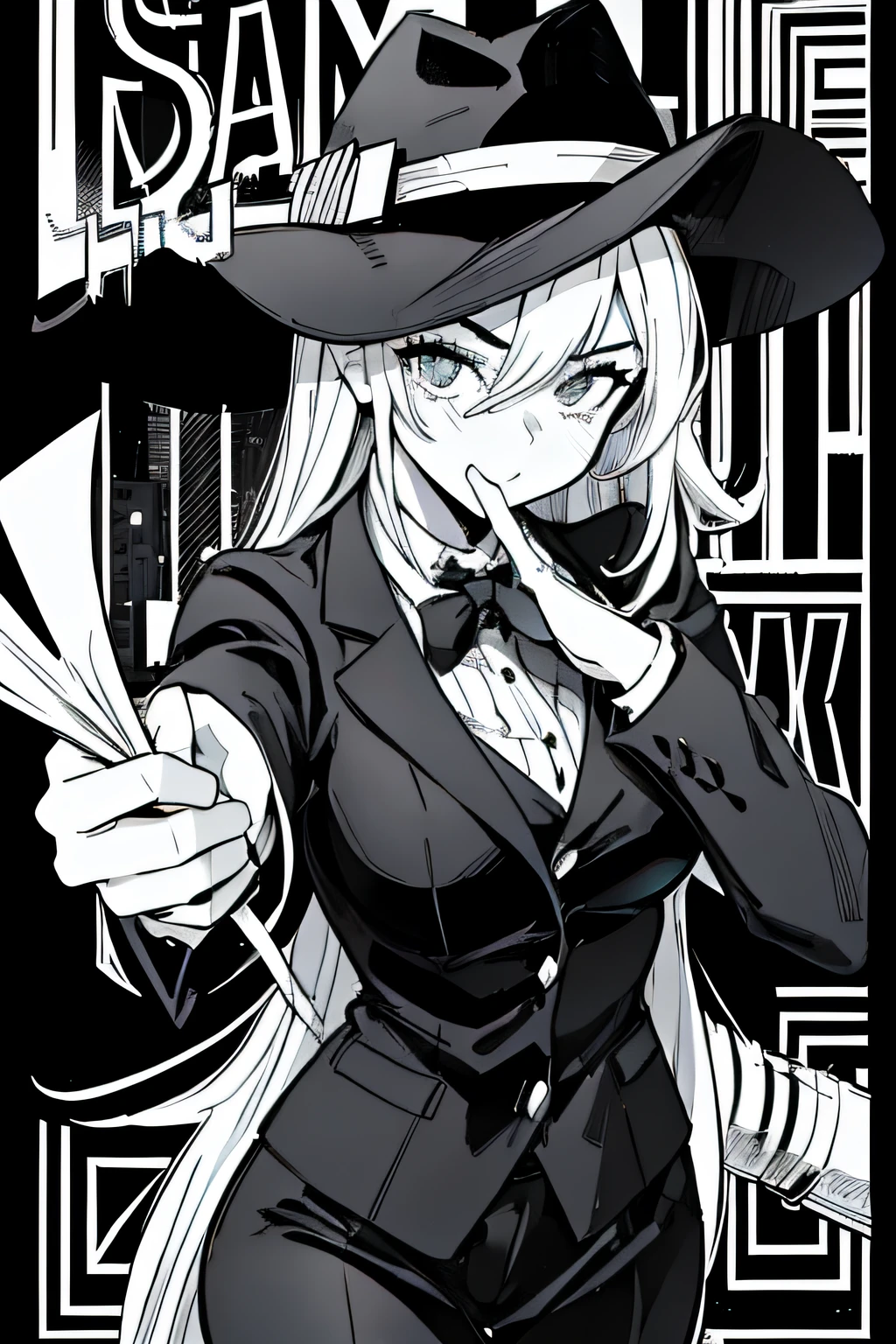 (Comic ???? Style),(black-and-white_High contrast),(Laura Budd_Pictures:0.5),(Laura Badhandoff:1.2),(Cowboy Shot),(8K resolution)、8K、Less in 8K、8K resolution、high intricate detailed、((looking at the viewers))、 A detailed face, 1girl in, 独奏,Female executives of the mafia